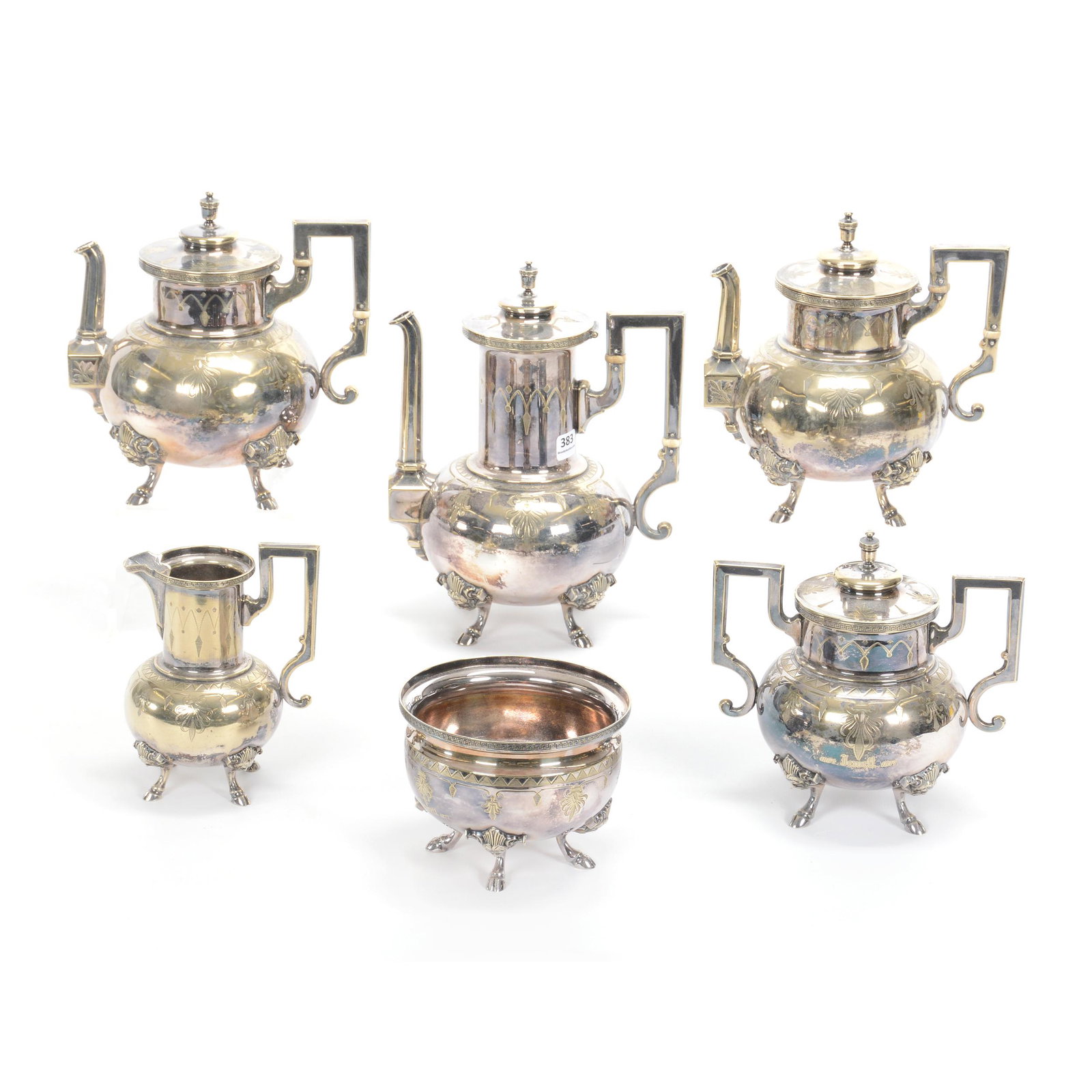 Victorian Silverplate Tea Set By Rogers Smith: Victorian Silverplate Tea Set By Rogers Smith, Six Piece, Model #1670, (1) 10" Coffee Pot, (2) 8" Tea Pots, (1) Creamer, (1) Covered Sugar, (1) Waste Bowl, Split Hoof Footed Set - Each Piece Has A Sil