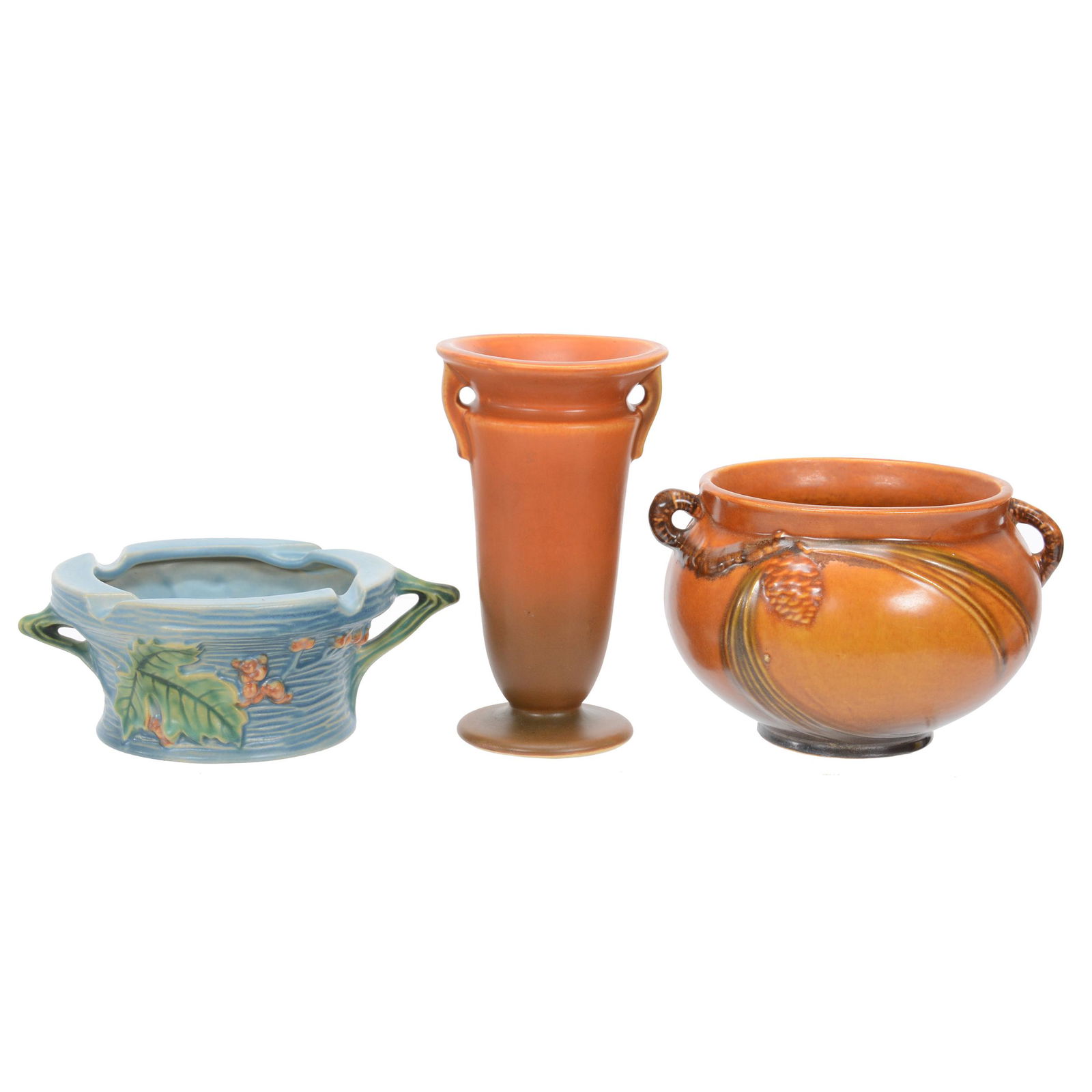 (3) Roseville Art Pottery Items: (3) Roseville Art Pottery Items, (1) 6" X 3.5" Pedestal Vase, Brown Tones, Rosecraft Pattern, Ink Stamp Mark, (1) #400-4" Bowl, Pinecone Pattern, Brown Tones, (1) #26 Ashtray, Bushberry Pattern, Blue