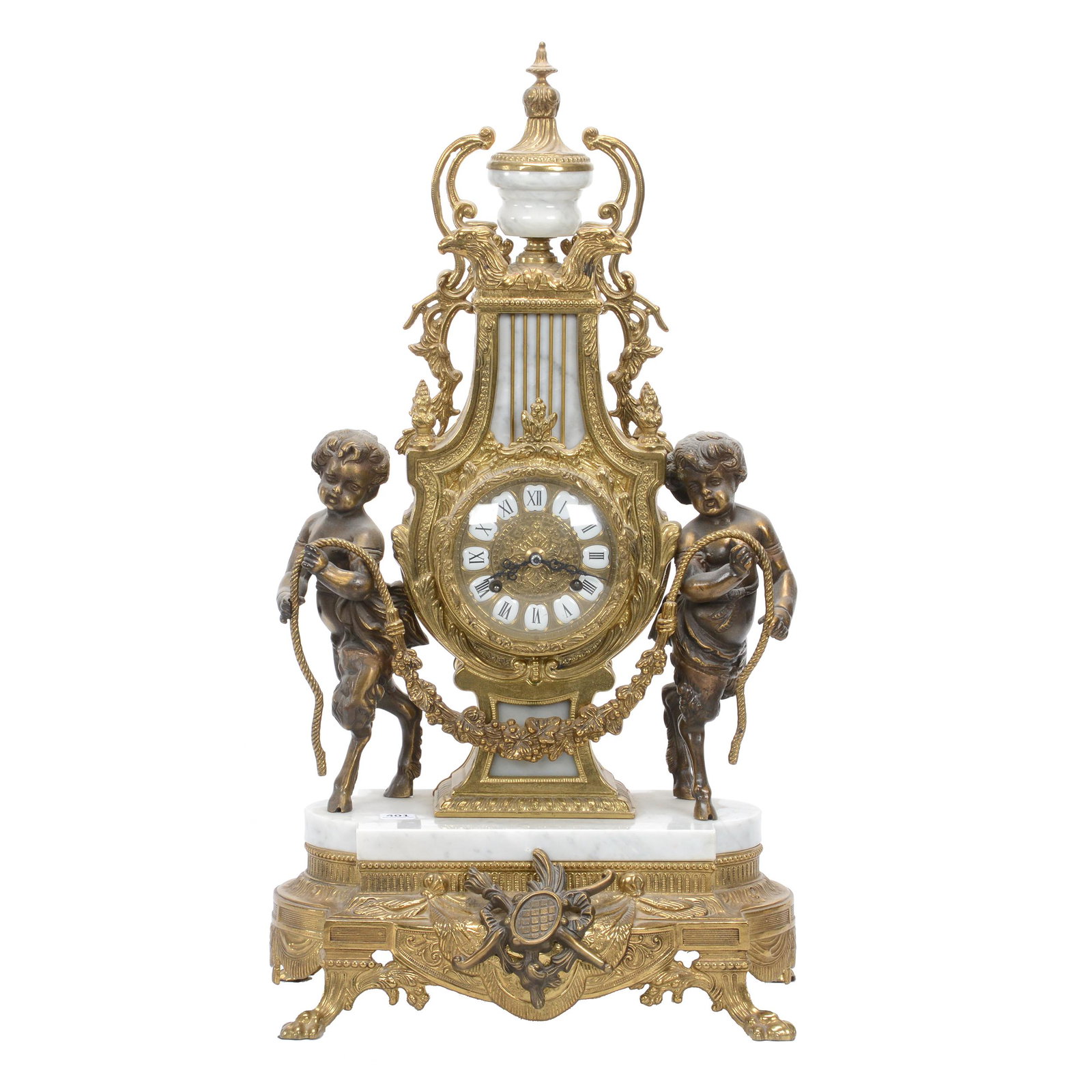 Ornate Brass & Marble French Clock: Ornate Brass & Marble French Clock, 24" X 13", Lyre Form With Two Full Figure Fauns, German Clock Works, Circa 1970's, Total Weight Of Twenty-Nine Pounds, Dan & Mary Arnold Collection. Woody Auction c