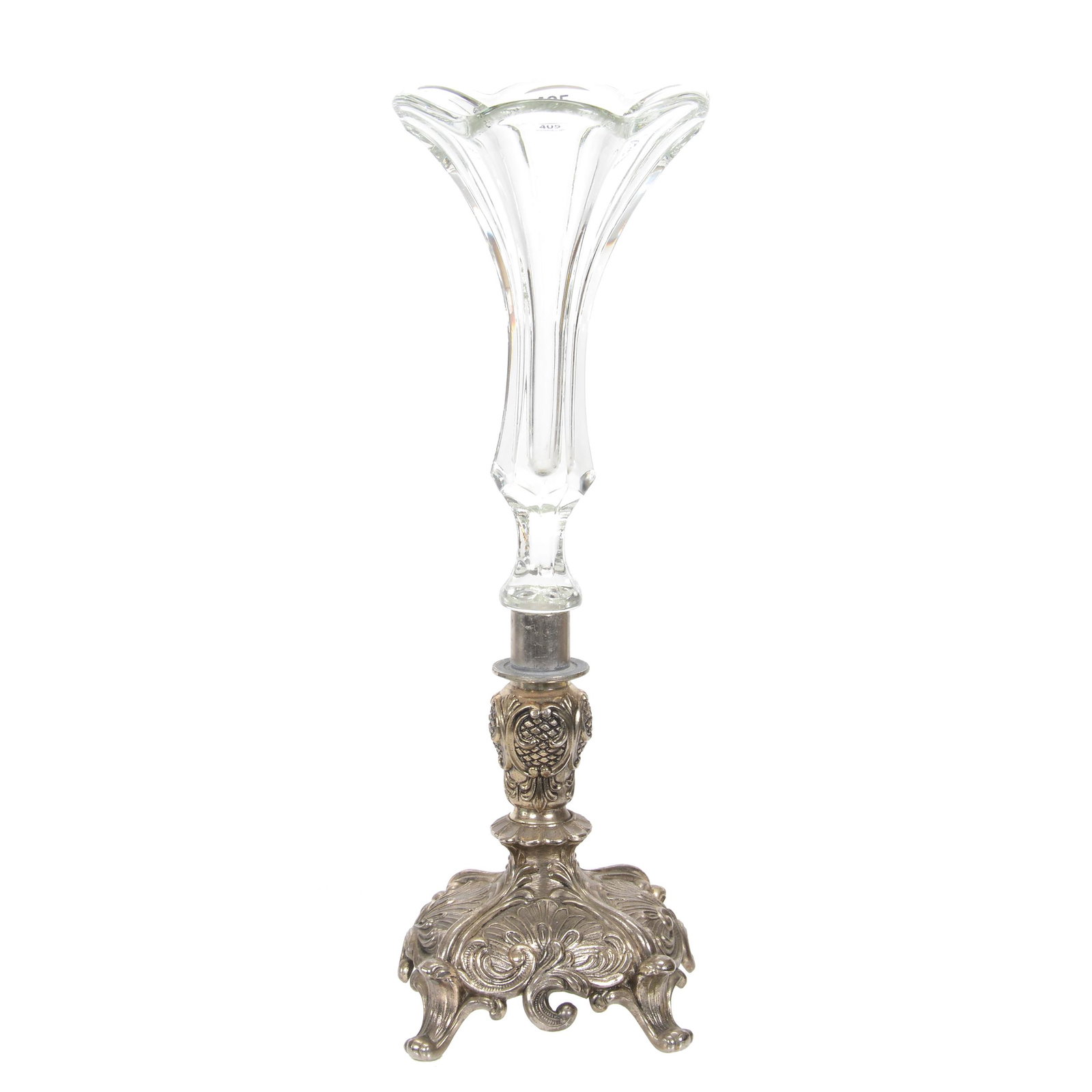 Trumpet Vase, Clear Panel Glass Trumpet: Trumpet Vase, Clear Panel Glass Trumpet, 14.75" X 5", Vase Set In Silverplate Base/Holder, This Was Originally An Epergne, But Is Now The Bowl Is Missing, Robert Markham Collection