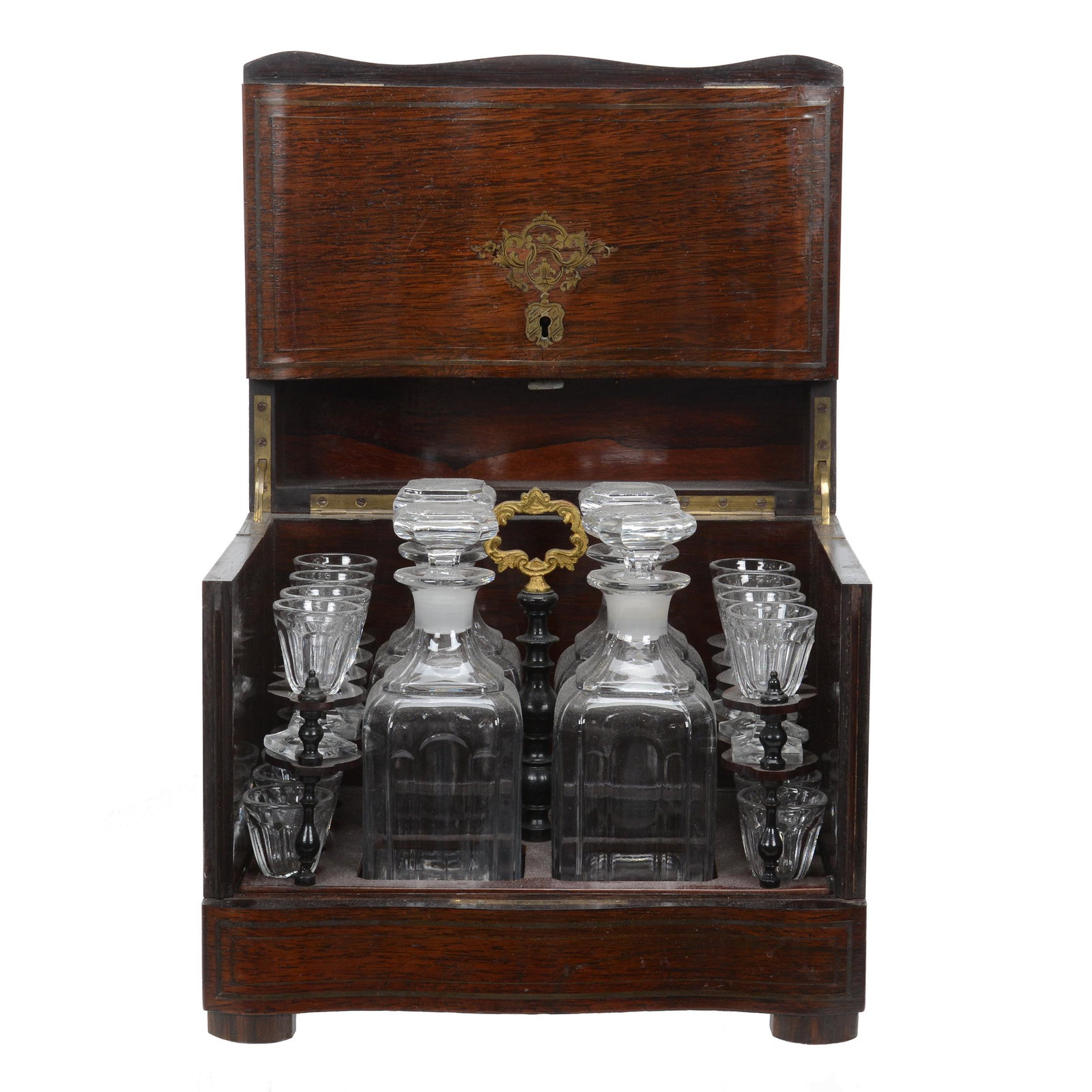 English Liquor Cabinet/Tantalus: English Liquor Cabinet/Tantalus, 10.5" X 12" X 9.5", Four Clear Square Pattern Glass Decanters With (14) Whiskey Glasses Mounted On Removeable Serving Tray, Cabinet Has Inlaid Brass Highlights, Cabine