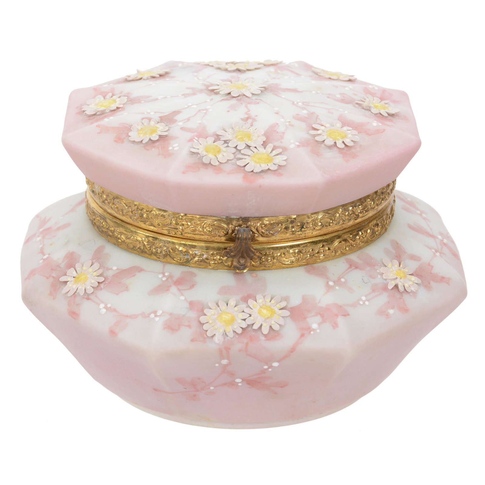 Dresser Box Marked Nakara Art Glass: Dresser Box Marked Nakara Art Glass, 4.75" X 6.75", Eight-Sided, Pink Tones With Applied Daisy Decor, Some Minor Petal Damage, Original Lining, Eastern United States