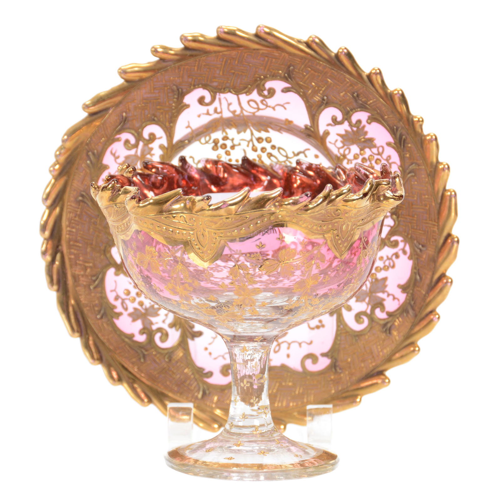 Pedestal Cup & Saucer, Moser Rubina Art Glass (1 of 3)