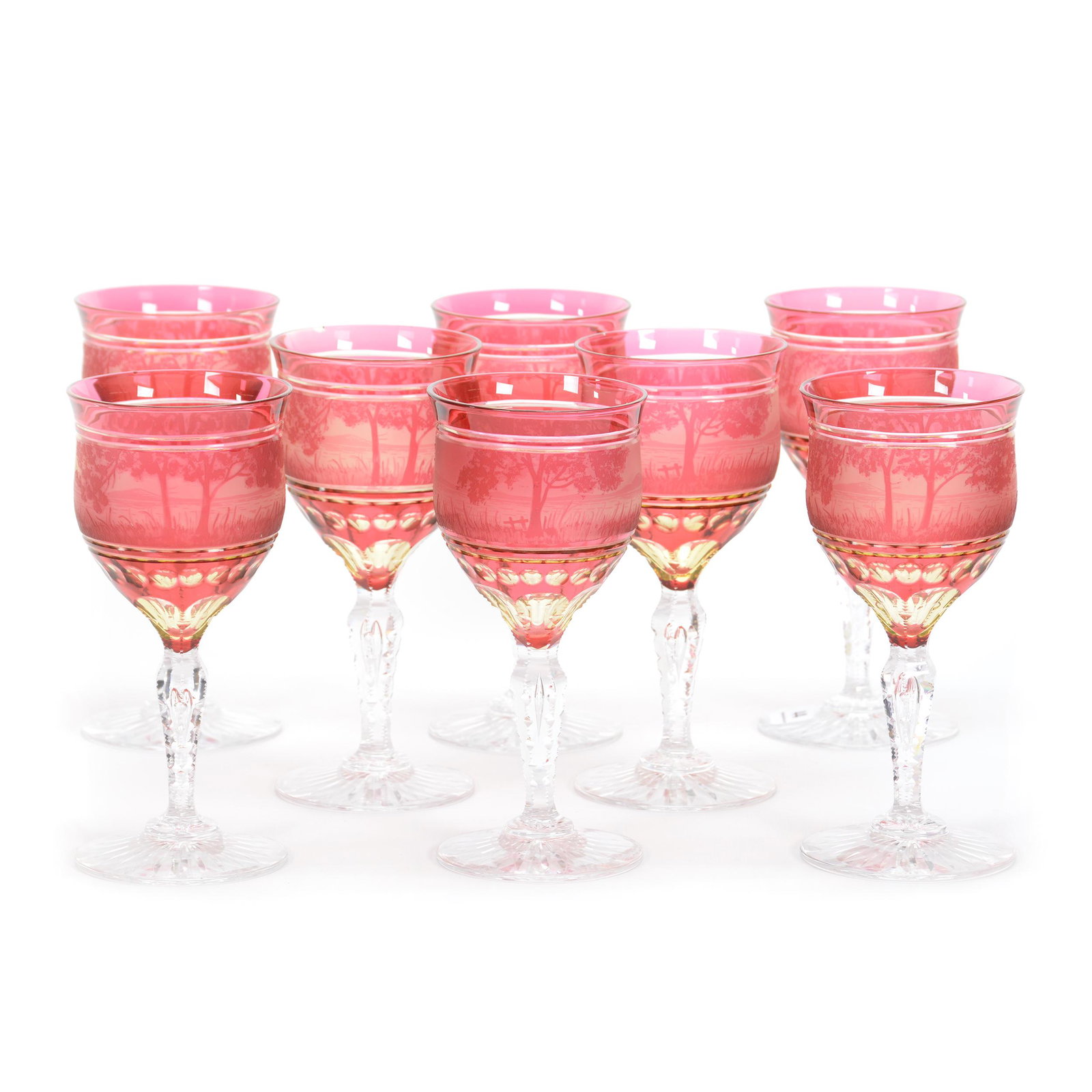 (8) Wine Stems, Unmarked Val St. Lambert Art Glass: (8) Wine Stems, Unmarked Val St. Lambert Art Glass, 7", Adams Pattern, Circa 1910, Cranberry Over Vaseline, Beautiful Cameo Carved Scene Of Lake, Trees And Mountain, Notched Teardrop Stem, Ray Cut Foo
