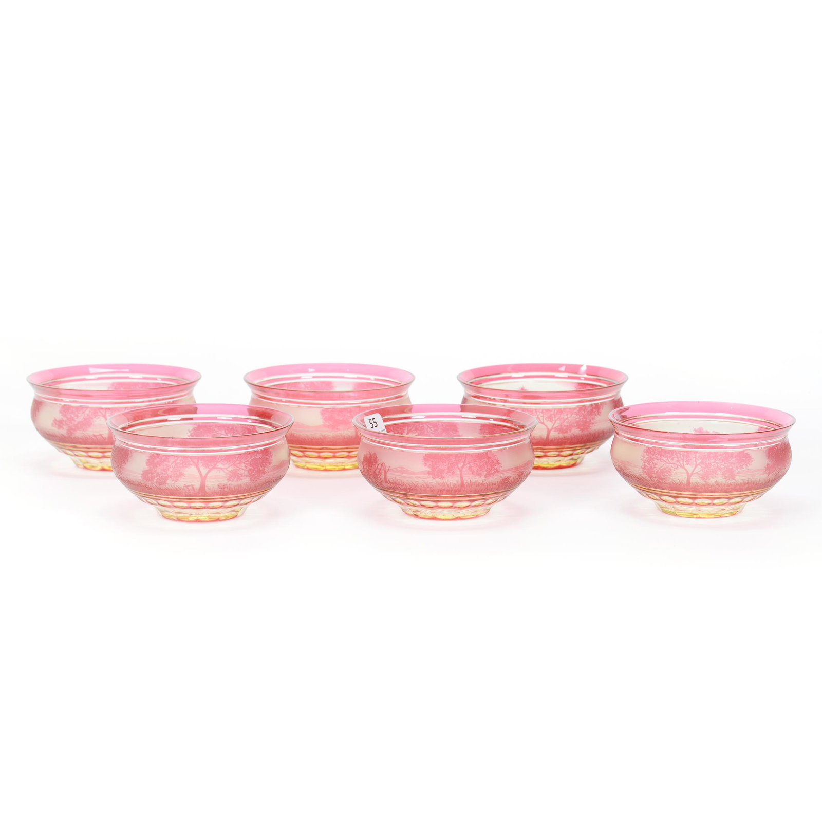 (6) Finger Bowls, Unmarked Val St. Lambert Art Glass: (6) Finger Bowls, Unmarked Val St. Lambert Art Glass, 2.375" X 4.5", Adams Pattern, Circa 1910, Cranberry Over Vaseline, Beautiful Cameo Carved Scene Of Lake, Trees And Mountain, Ray Cut Base, Beautif
