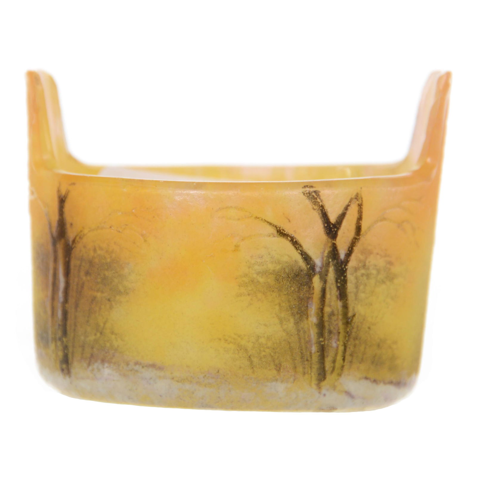 Salt Dip Signed Daum Nancy French Cameo Art Glass: Salt Dip Signed Daum Nancy French Cameo Art Glass, 1.5" X 1.625", Winter Season Enamel Decor, Tab Handled, Private Collection