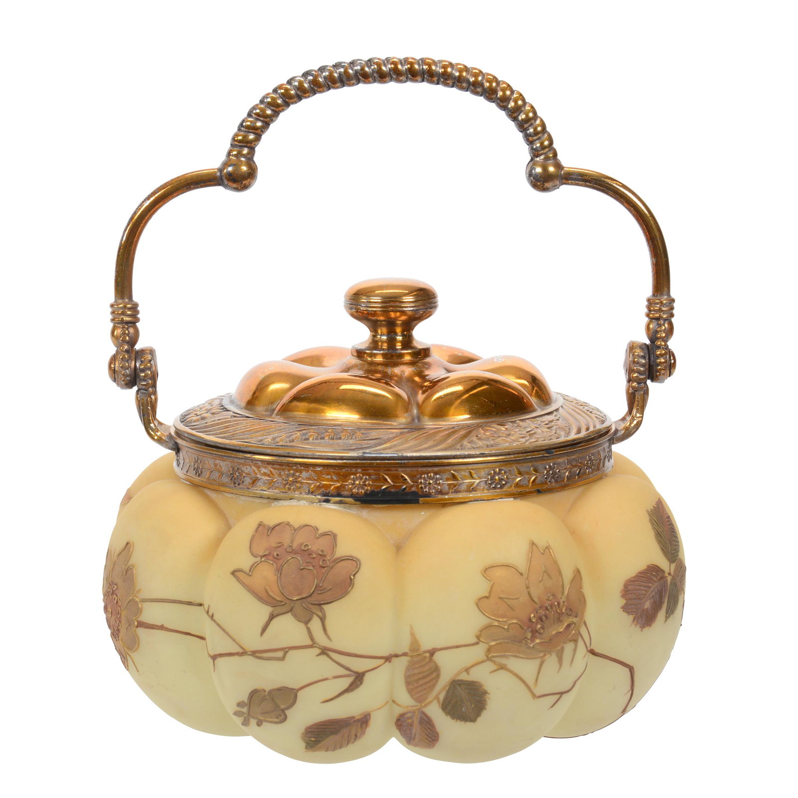 Sweetmeat, Unmarked Mt. Washington Art Glass: Sweetmeat, Unmarked Mt. Washington Art Glass, 4" X 5", Yellow And Cream Tones With Multi-Tone Enamel Floral Branch Decor, Gilded Silverplate Lid And Bail, Private Collection