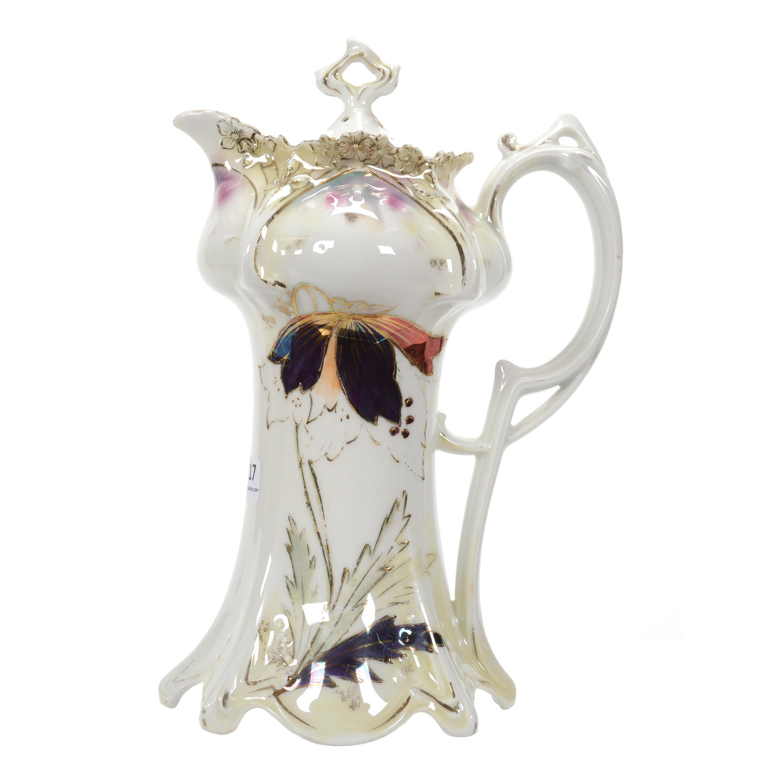 Chocolate Pot, Unmarked R.S. Prussia: Chocolate Pot, Unmarked R.S. Prussia, 10.25", Point And Clover Mold, Stylized Poppy Decor, Lustre Finish, Private Collection, Wichita, KS