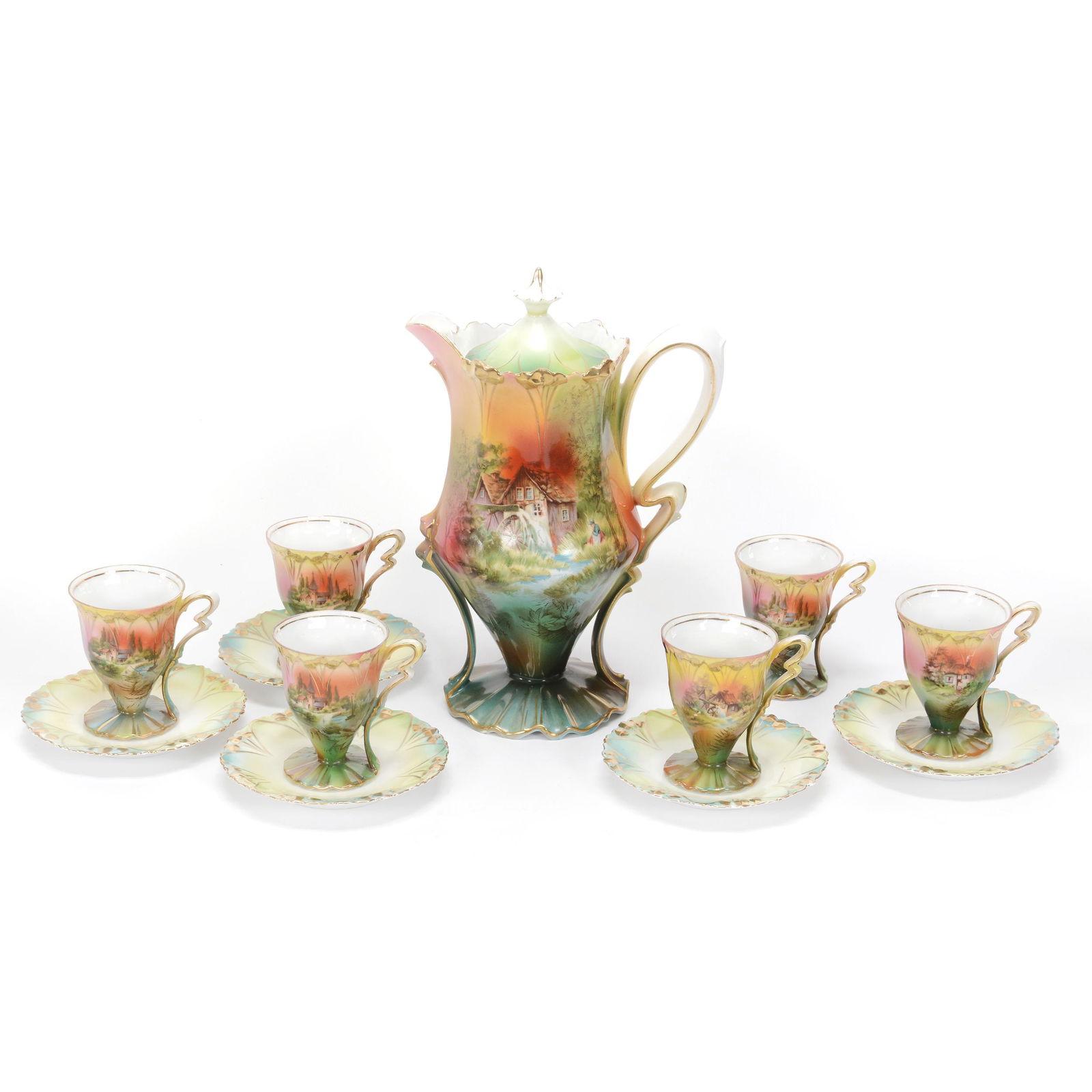 Pedestal Chocolate Set, Unmarked Prussia, Mill Scene (1 of 7)