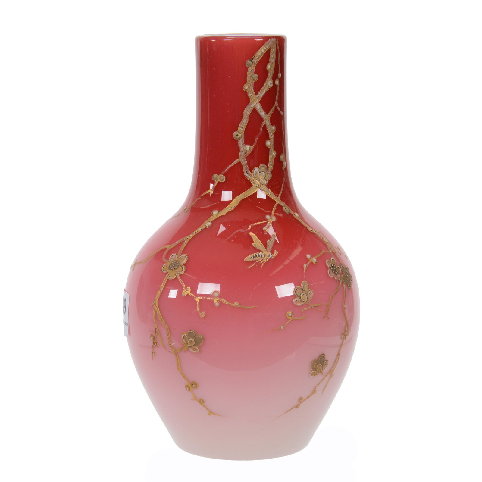 Vase, Peachblow Art Glass By Webb: Vase, Peachblow Art Glass By Webb, 6.5" X 3.5", Enamel Branch, Blossom And Insect Decor, Private Collection