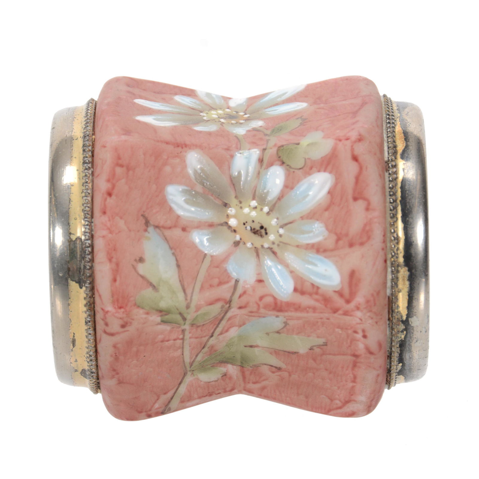 Napkin Ring, Unmarked Kelva Art Glass: Napkin Ring, Unmarked Kelva Art Glass, 2.25" X 2.25", Six-Sided, Pink Mottled Background With Blue Daisy Decor, Eastern United States