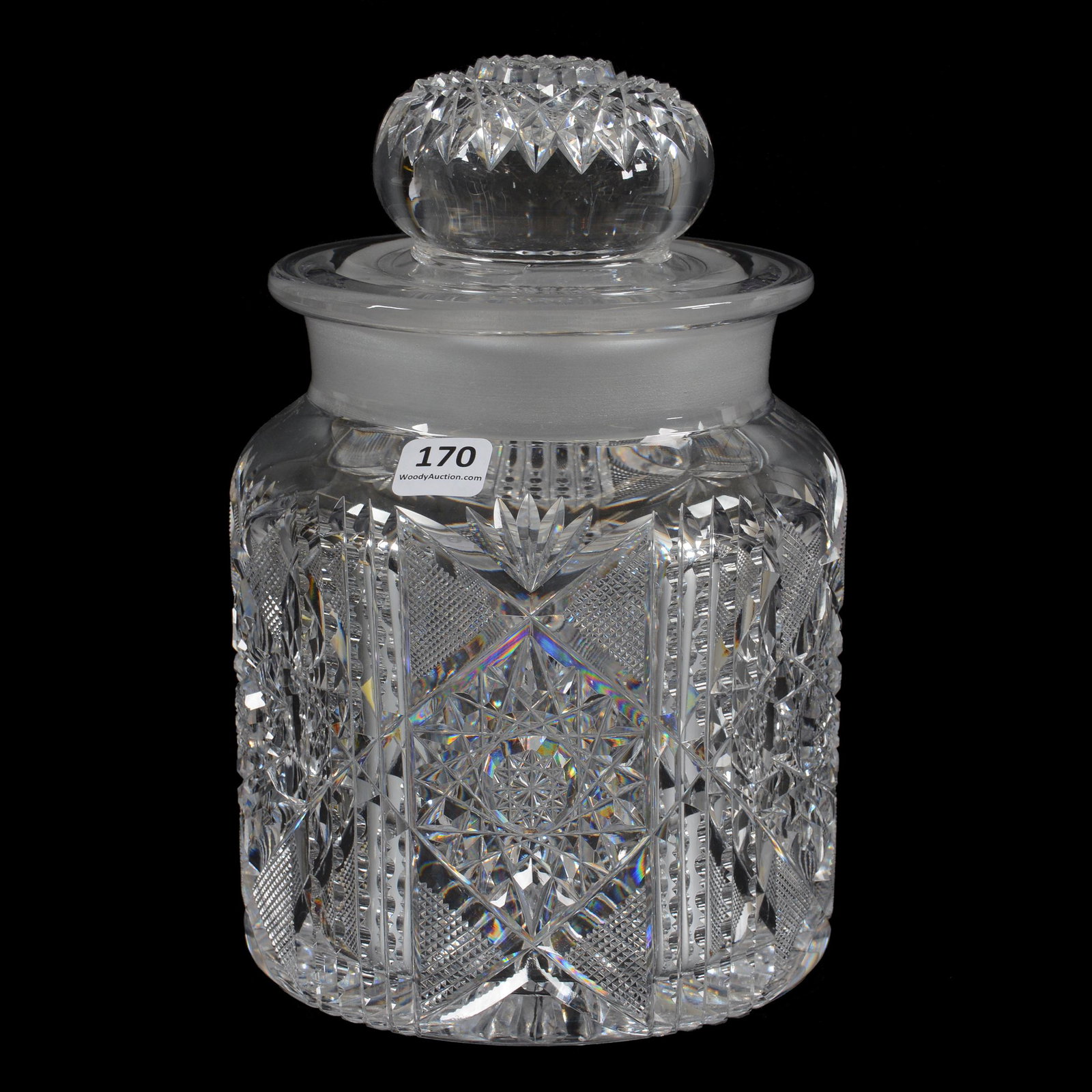 Humidor, American Brilliant Cut Glass: Humidor, American Brilliant Cut Glass, 9" X 6", Hobstar, Prism, Strawberry Diamond And Fan Motif, Sharply Cut, Ray Cut Base, Clear Blank, Hobstar Cut Lid, Private Texas Collection