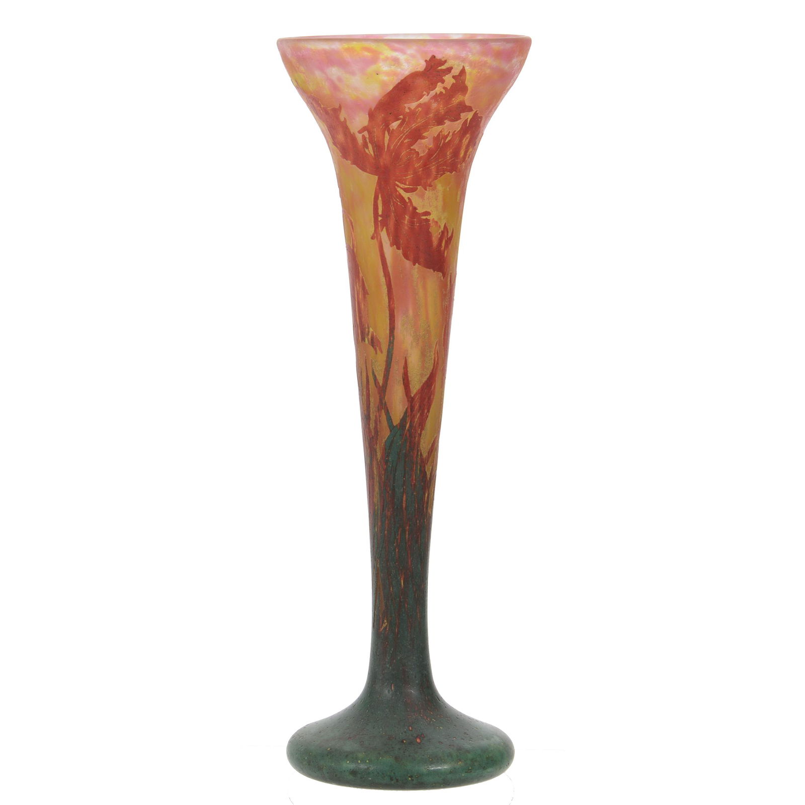Vase Signed Daum Nancy French Cameo Art Glass: Vase Signed Daum Nancy French Cameo Art Glass, 21" X 7", Trumpet Form, Pink, Yellow And White Mottled Background With Green, Orange And Yellow Cameo Carved Floral Decor, Private Texas Collection