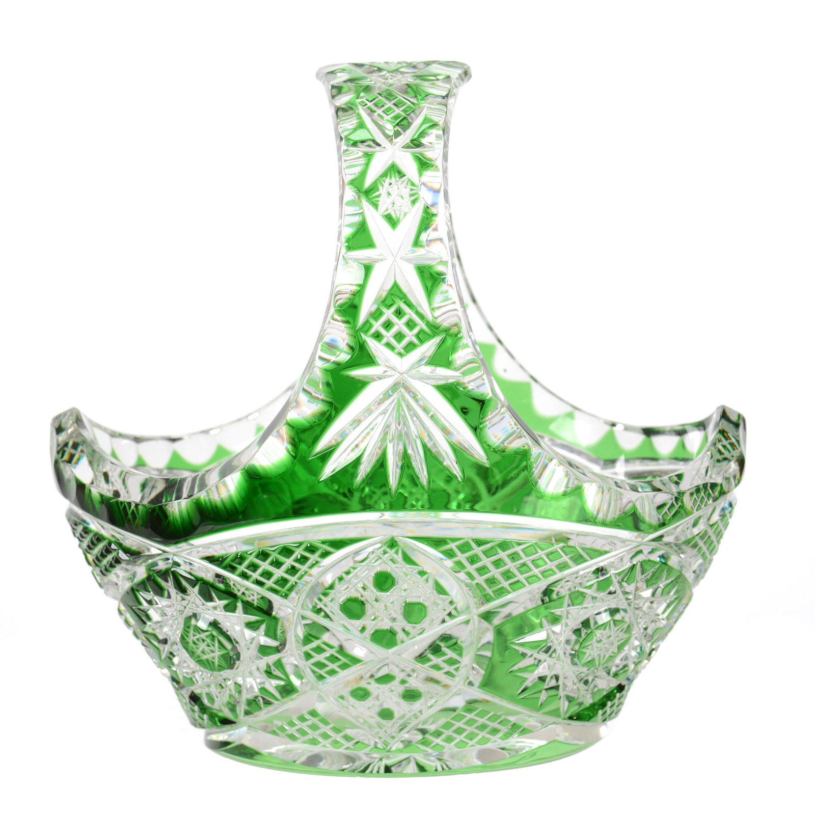 Basket, Green Cut To Clear,: Basket, Green Cut To Clear, 6.25" X 6.25, Hobstar, Vesica, Cane And Crosscut Diamond Motif, Heavy Cut Glass Blank, Unknown Age, European Cutter, Bernard F. Jamison Estate
