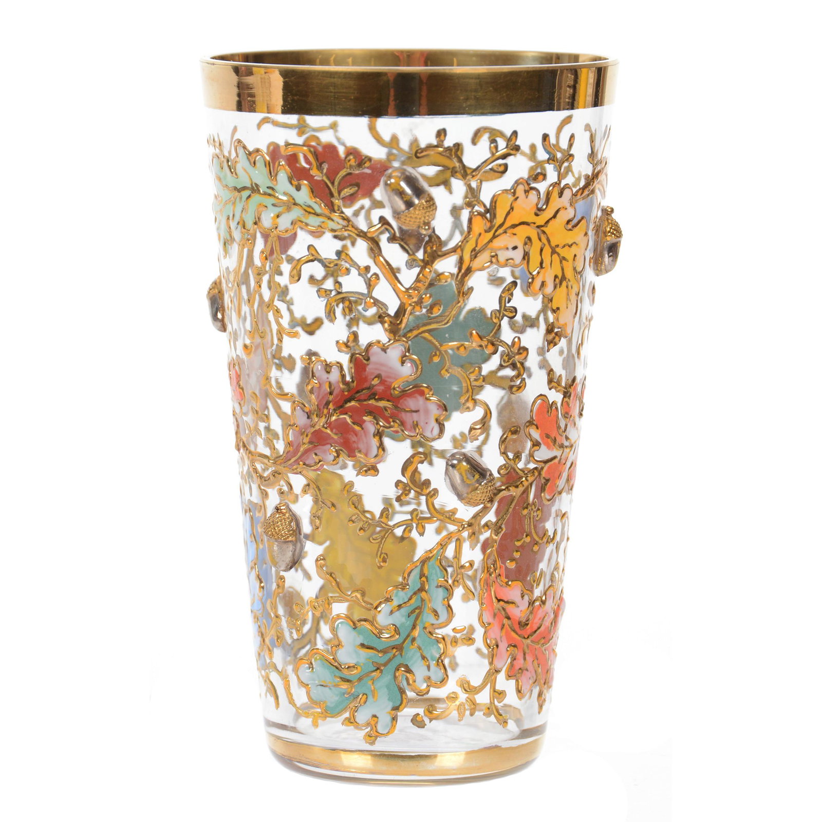 Juice Glass, Unmarked Moser Art Glass: Juice Glass, Unmarked Moser Art Glass, 3.875", Clear With Colorful Enamel Leaf And Applied Acorn Decor, Private Collection