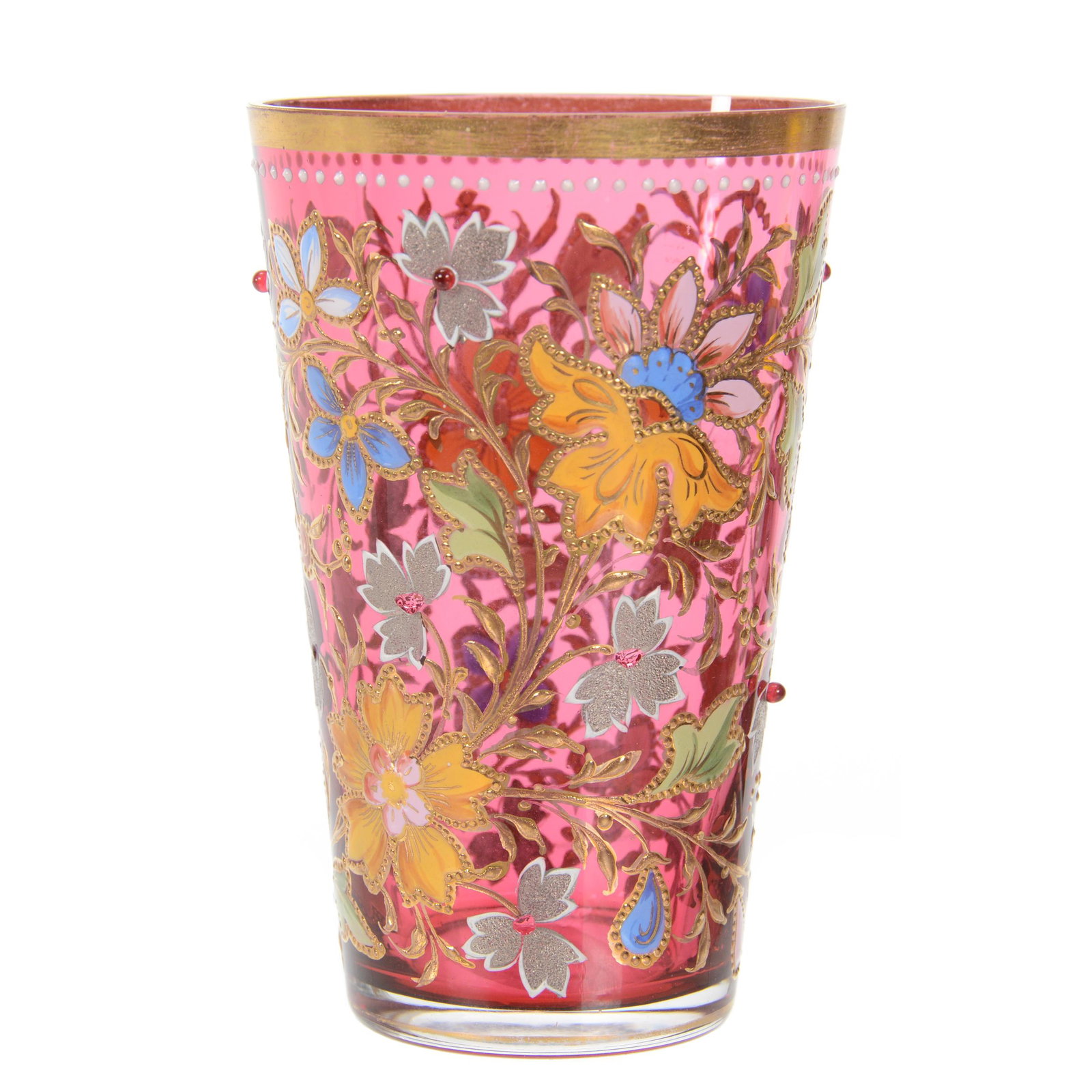 Juice Glass, Unmarked Moser Art Glass: Juice Glass, Unmarked Moser Art Glass, 3.625", Cranberry With Colorful Enamel Floral Decor And Jewel Highlights, Private Collection