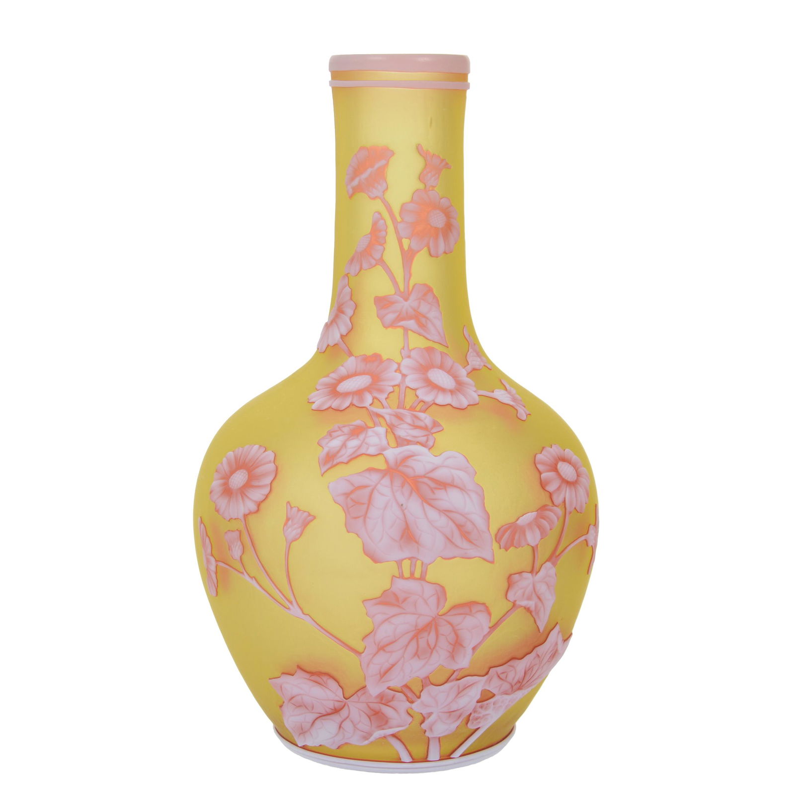 Vase, Signed Thomas Webb & Sons English Cameo: Vase, Signed Thomas Webb And Sons English Cameo, 8" X 4.5", Yellow Vaseline With Cranberry And White Cameo Carved Floral Overlay, Extra Nice Quality, Private Texas Collection