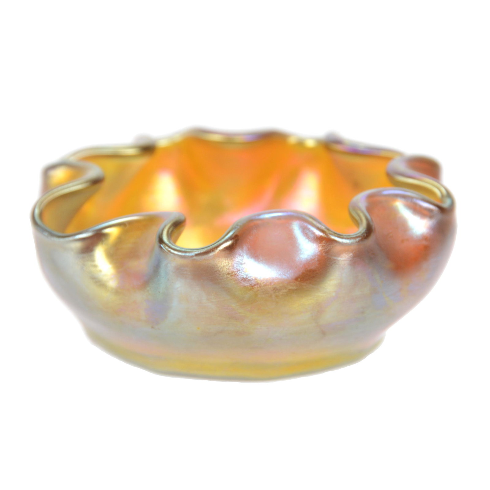 Salt Dip Signed "LCT" (Tiffany) Art Glass: Salt Dip Signed "LCT" (Tiffany) Art Glass, 1" X 2.75", Gold Iridescence, Ruffled Rim, Bernard F. Jamison Estate