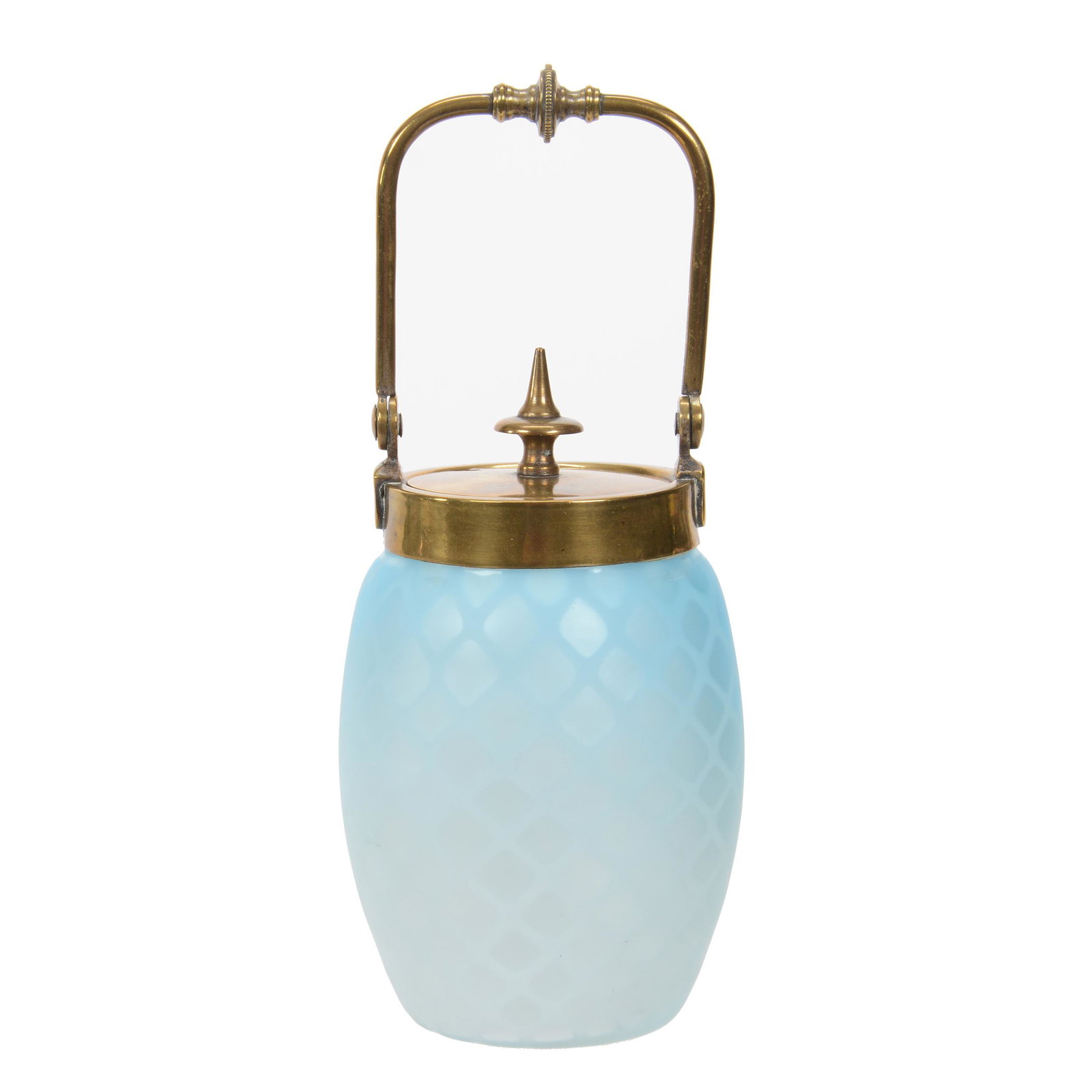 Jam Jar, Blue Satin Diamond Quilted MOP Art Glass: Jam Jar, Blue Satin Diamond Quilted MOP Art Glass, 5.5" X 3.25, Gilded Silverplate Lid And Bail, Private Collection