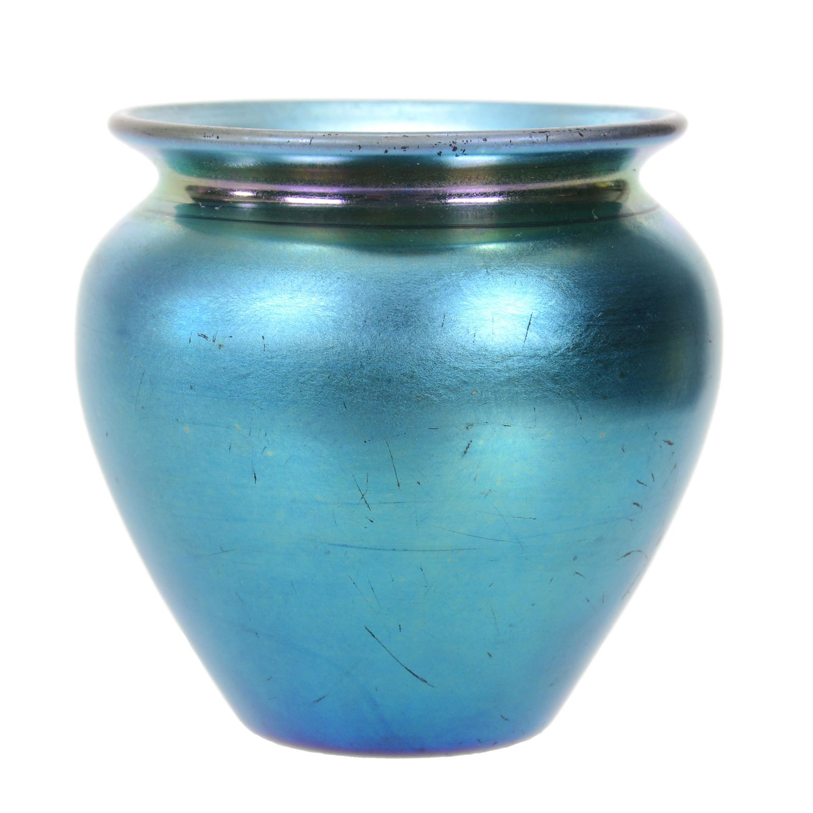Vase, Unmarked Steuben Aurene Art Glass: Vase, Unmarked Steuben Aurene Art Glass, 2.5" X 2.5", Beautiful Blue Iridescence, Light Scratching On Surface, Bernard F. Jamison Estate