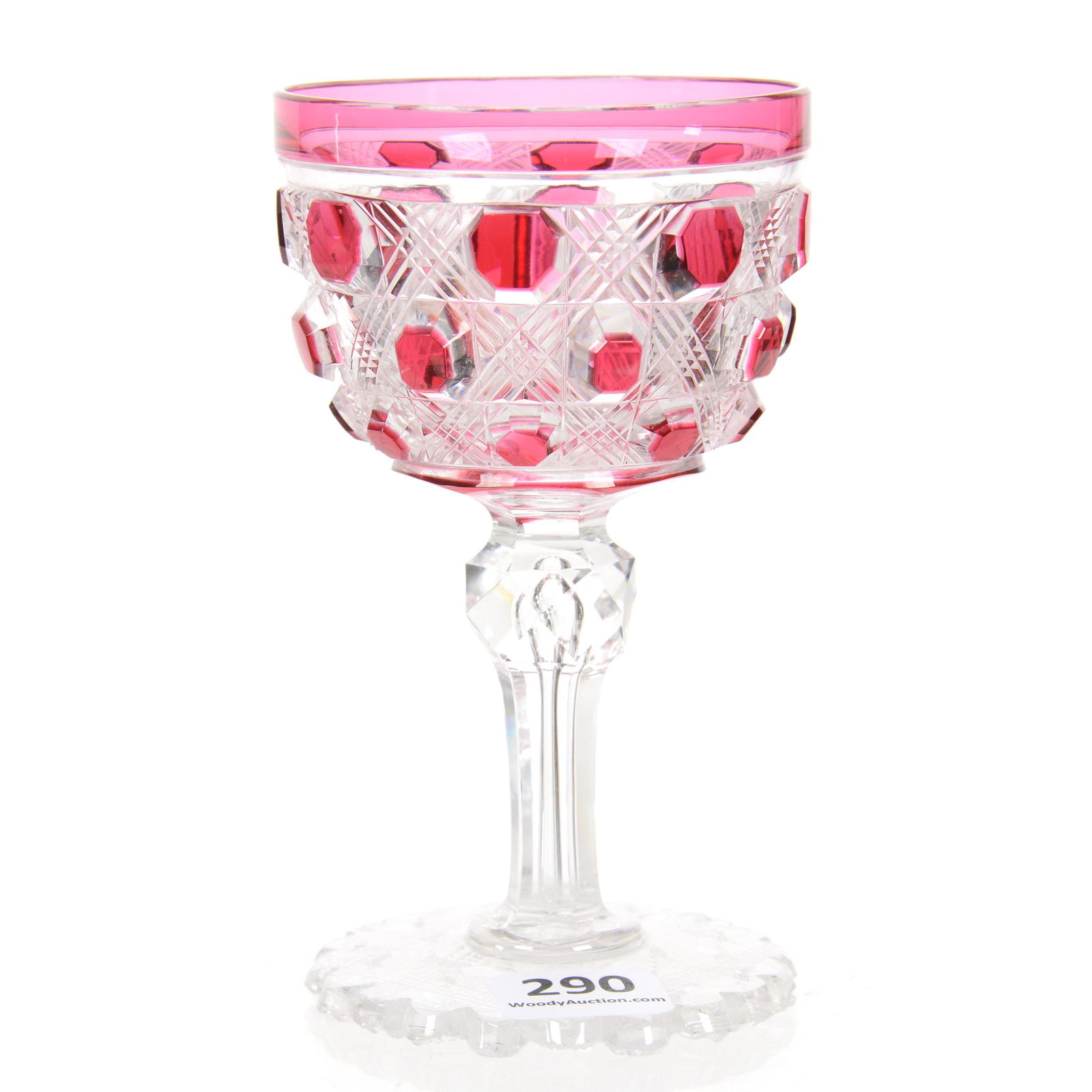 Wine Stem, ABCG , Ruby Cut To Clear: Wine Stem, American Brilliant Cut Glass, Ruby Cut To Clear, 4.75" X 2.75", Hob And Triple Miter Pattern, Pattern Cut Foot, Attributed To Mt. Washington, Private Texas Collection