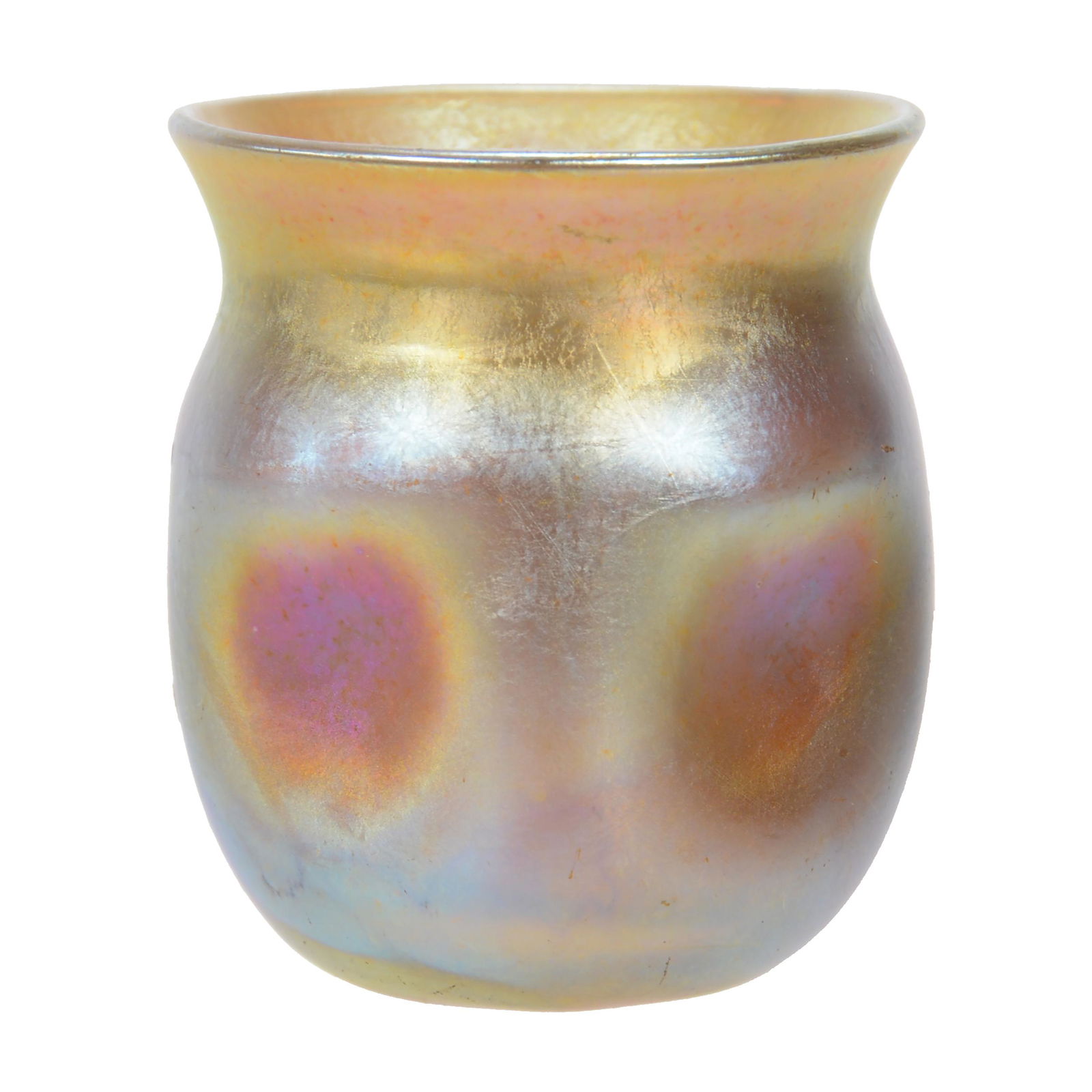 Toothpick Holder Signed "LCT Favrile" Art Glass: Toothpick Holder Signed "LCT Favrile" Art Glass, 1.75" X 1.625", Gold Iridescence, Dimpled Sides, Good Color, Bernard F. Jamison Estate