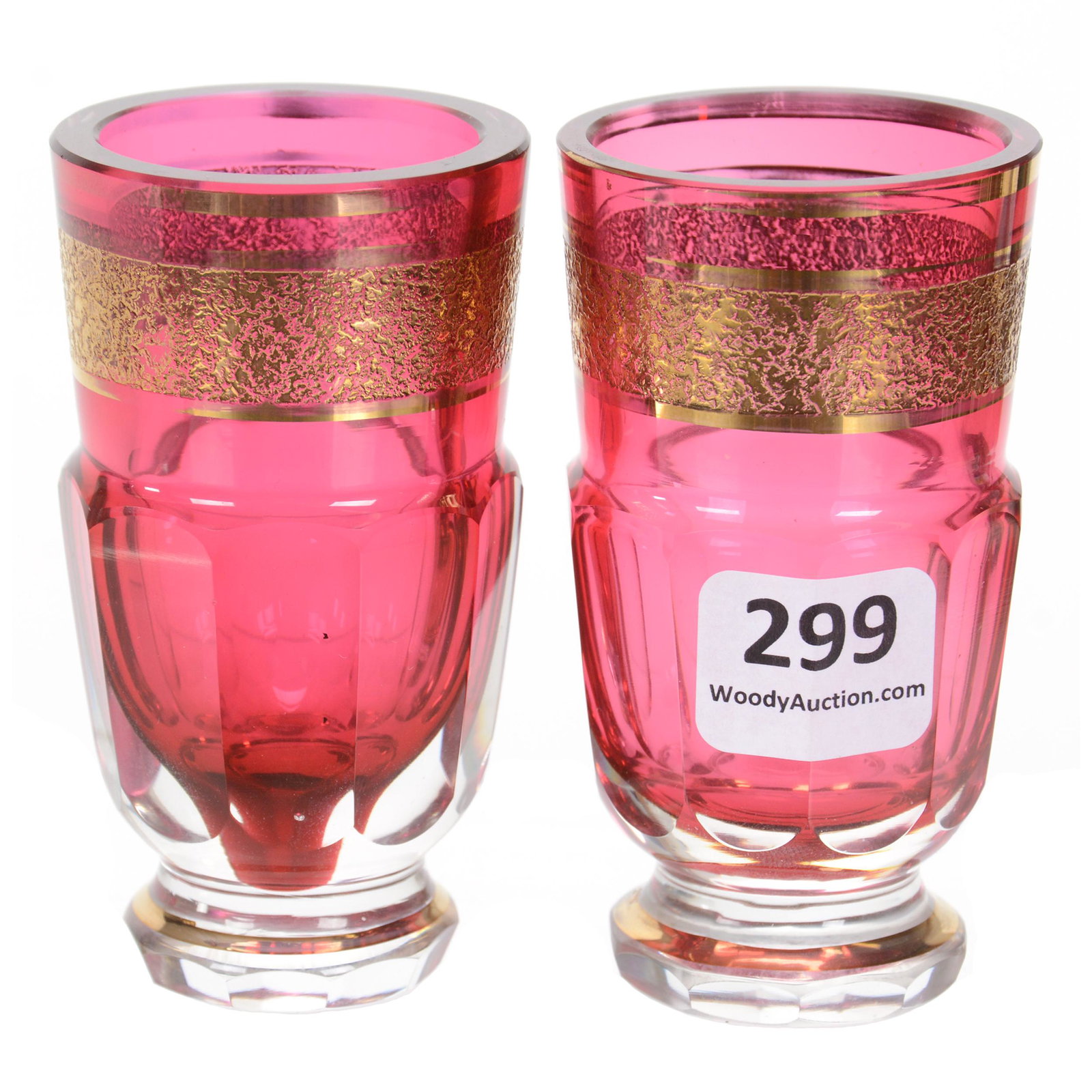 Pair Whiskey Glasses, Cased Cranberry Art Glass: Pair Whiskey Glasses, Cased Cranberry Art Glass, 3.25" X 1.75", Acid Cut Band With Gold Highlights, Attributed To Moser, Private Collection