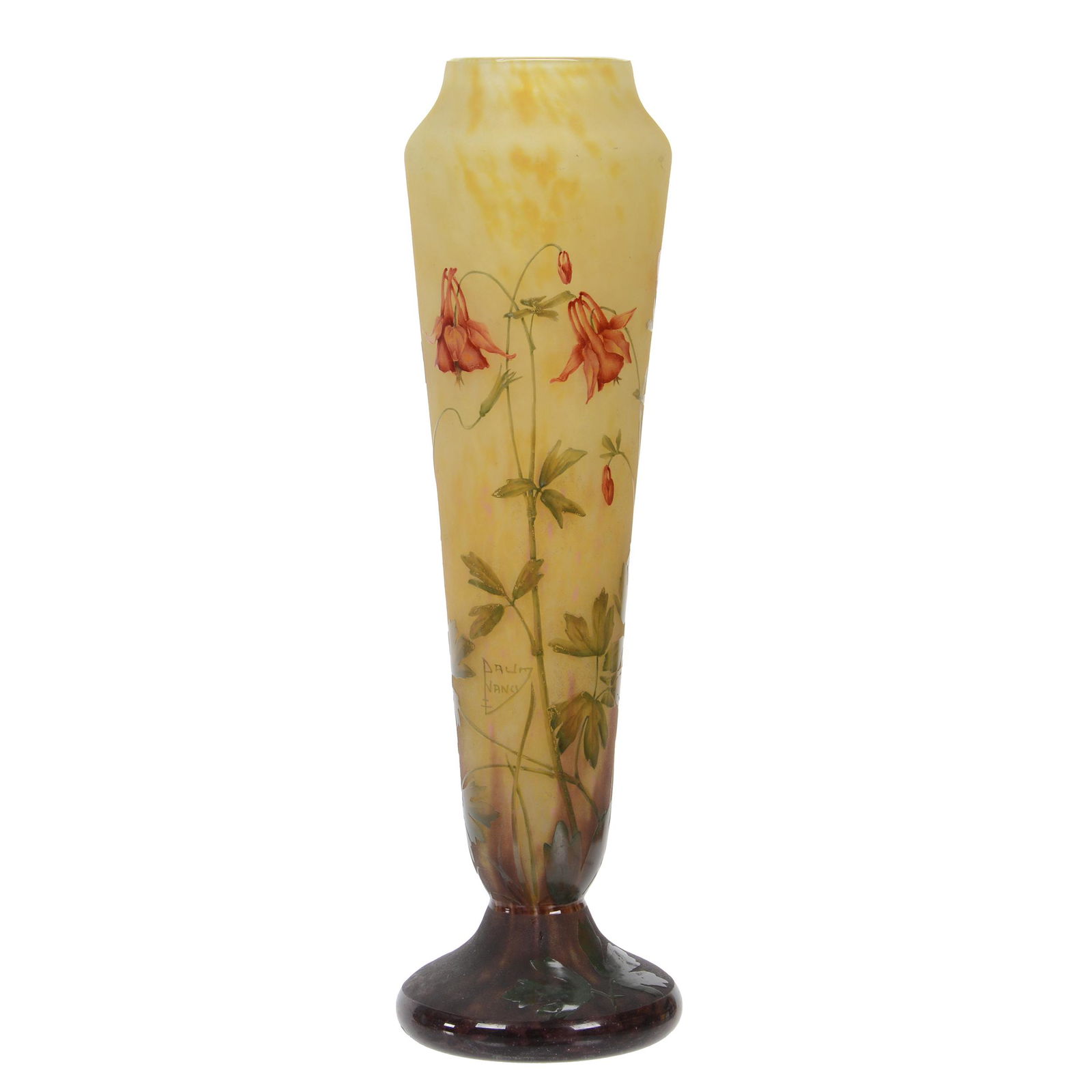 Vase Signed Daum Nancy French Cameo Art Glass: Vase Signed Daum Nancy French Cameo Art Glass, 16" X 4.75", Yellow And White Mottled Background With Cameo Carved Floral Decor And Enamel Highlights, Private Texas Collection