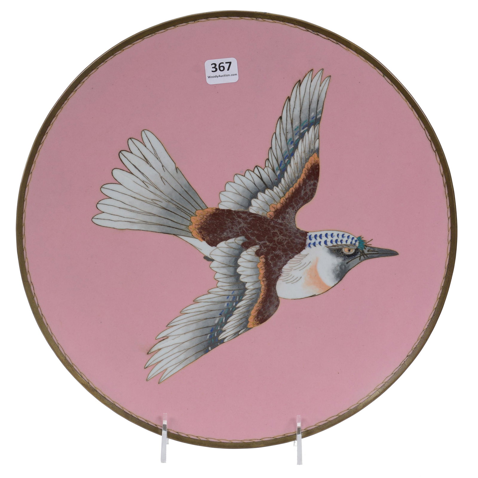 Plate, Cloisonne: Plate, Cloisonne, 12", Pink Background With Eagle In Flight Decor, Bernard F. Jamison Estate