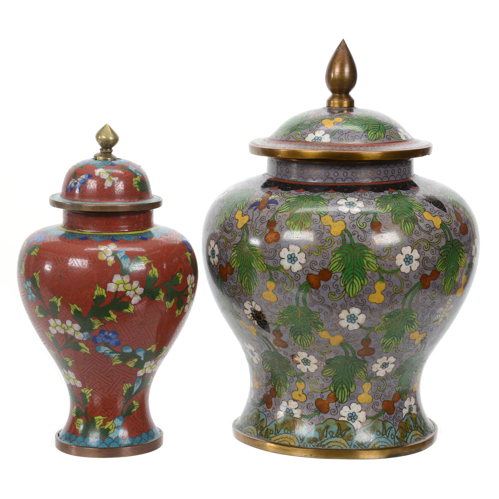 (2) Cloisonne Covered Jars: (2) Cloisonne Covered Jars, (1) 10.5" X 7", Lavender Background With Colorful Floral Design, (1) 8.5" X 4.5", Red Background With Floral Design, Bent Finial, Bernard F. Jamison Estate
