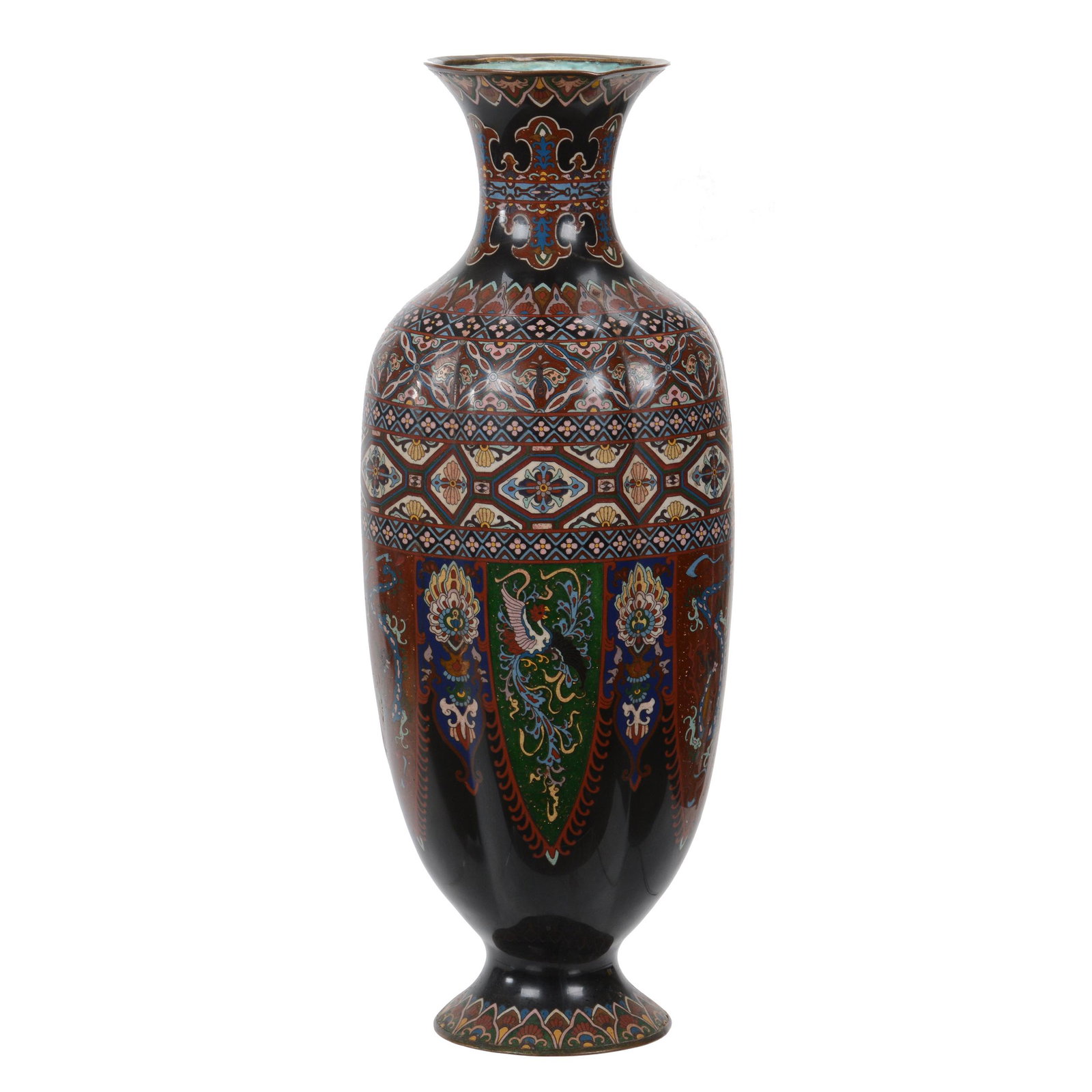 Floor Vase, Cloisonne: Floor Vase, Cloisonne, 24" X 9", Melon Ribbed Mold With Various Banners Of Phoenix And Dragon Design, Surprisingly Good Condition, One Small Ding On Rim, Bernard F. Jamison Estate