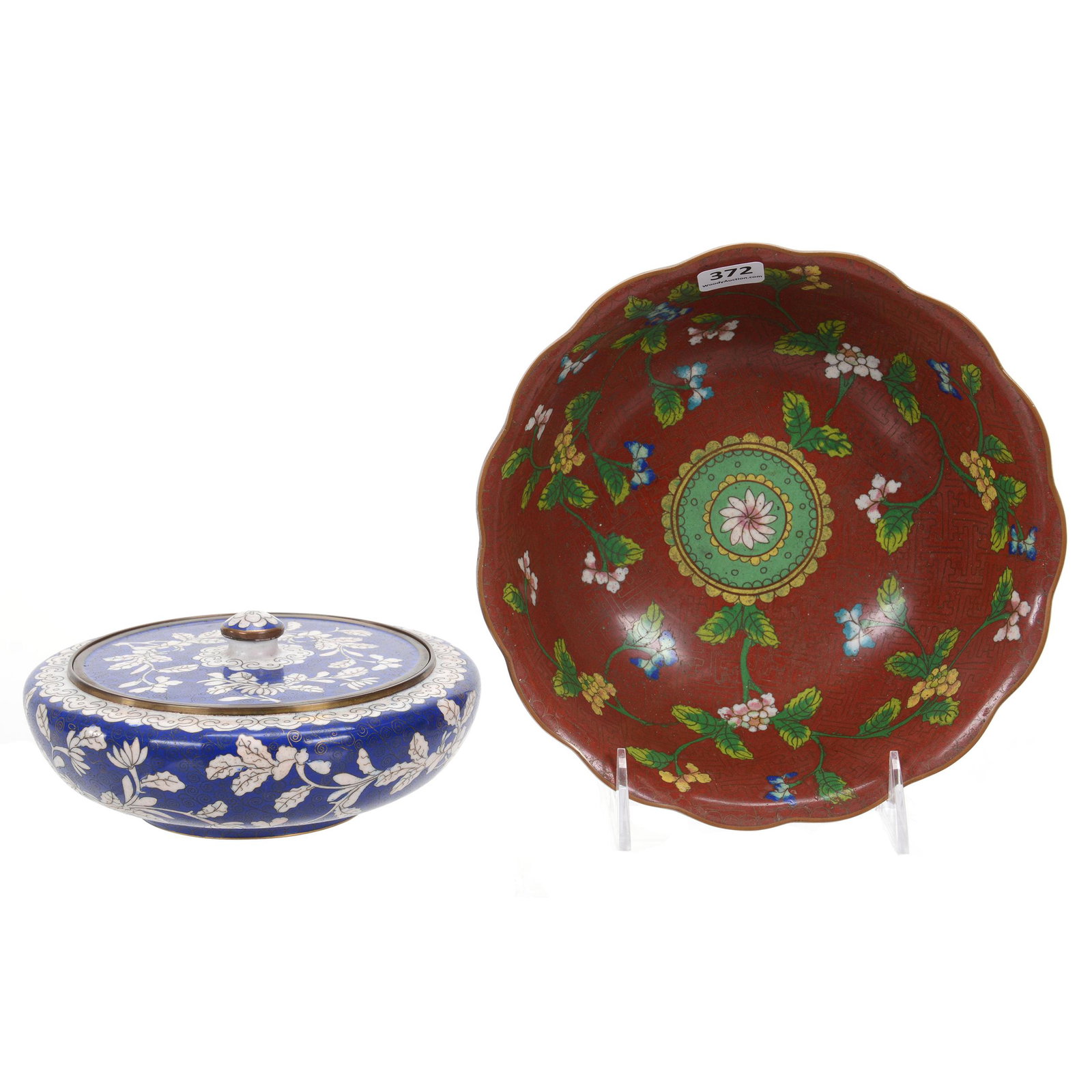 (2) Cloisonne Items: (2) Cloisonne Items, (1) 2.75" X 8" Bowl, Red Background With Colorful Floral Decor, (1) 2.75" X 6.25" Covered Bowl, Cobalt Blue With White Leaf And Branch Decor, Bernard F. Jamison Estate