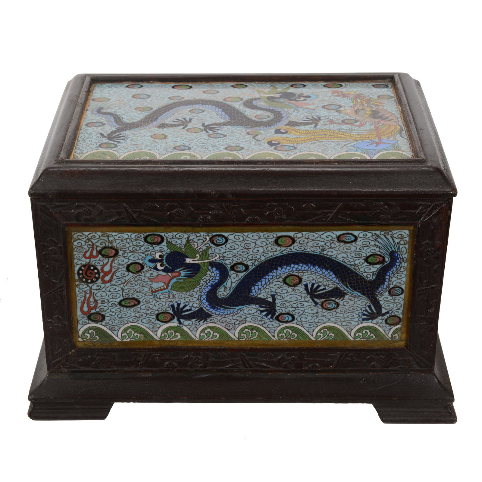 Humidor, Cloisonne And Teakwood: Humidor, Cloisonne And Teakwood, 6" X 9" X 6.5", Cloisonne Panels Featuring Dragon And Phoenix, Hinged Lid Opens To Reveal Silverplate Liner And Interior Lid With Area For Sponge, Bernard F. Jamison E
