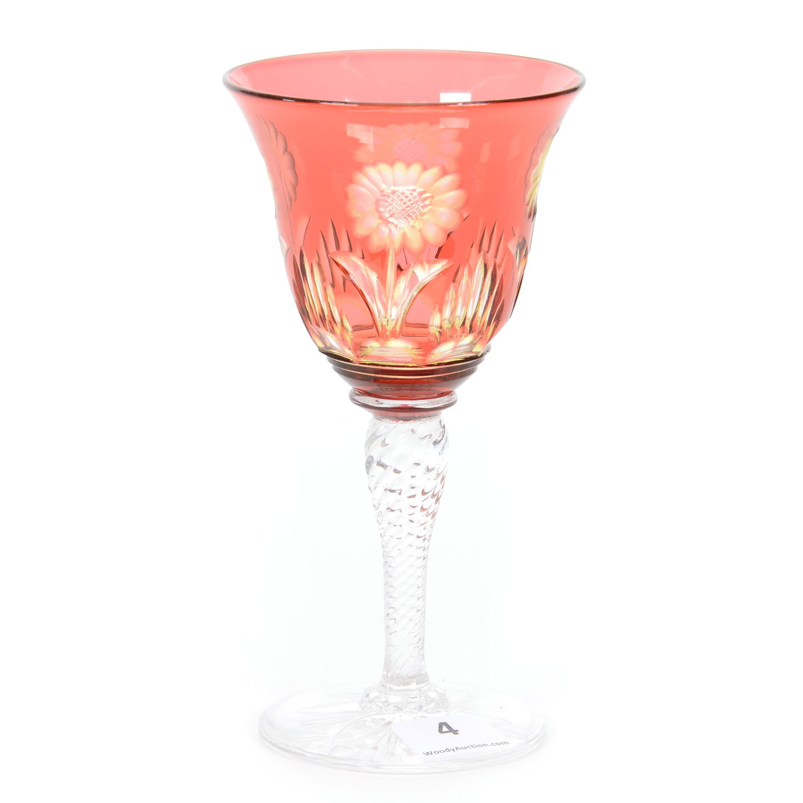 Wine Stem, BPCG, Two Color: Wine Stem, BPCG, Two Color, 5.625", Cranberry Over Yellow To Clear, Engraved Daisy Motif, Solid Swirl Stem, Pattern Cut Foot, Private Collection, IL.