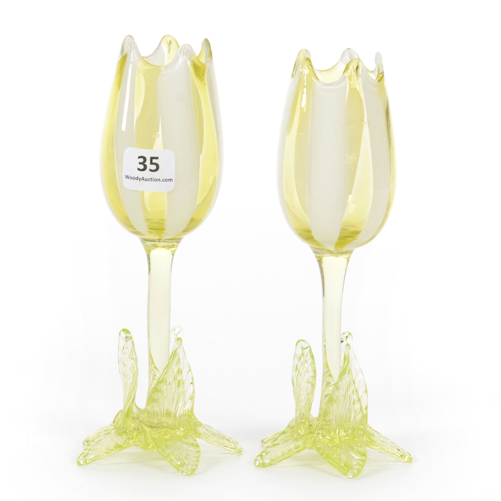 Pair Vases, Vaseline Opalescent Tulip Form Art Glass (1 of 3)