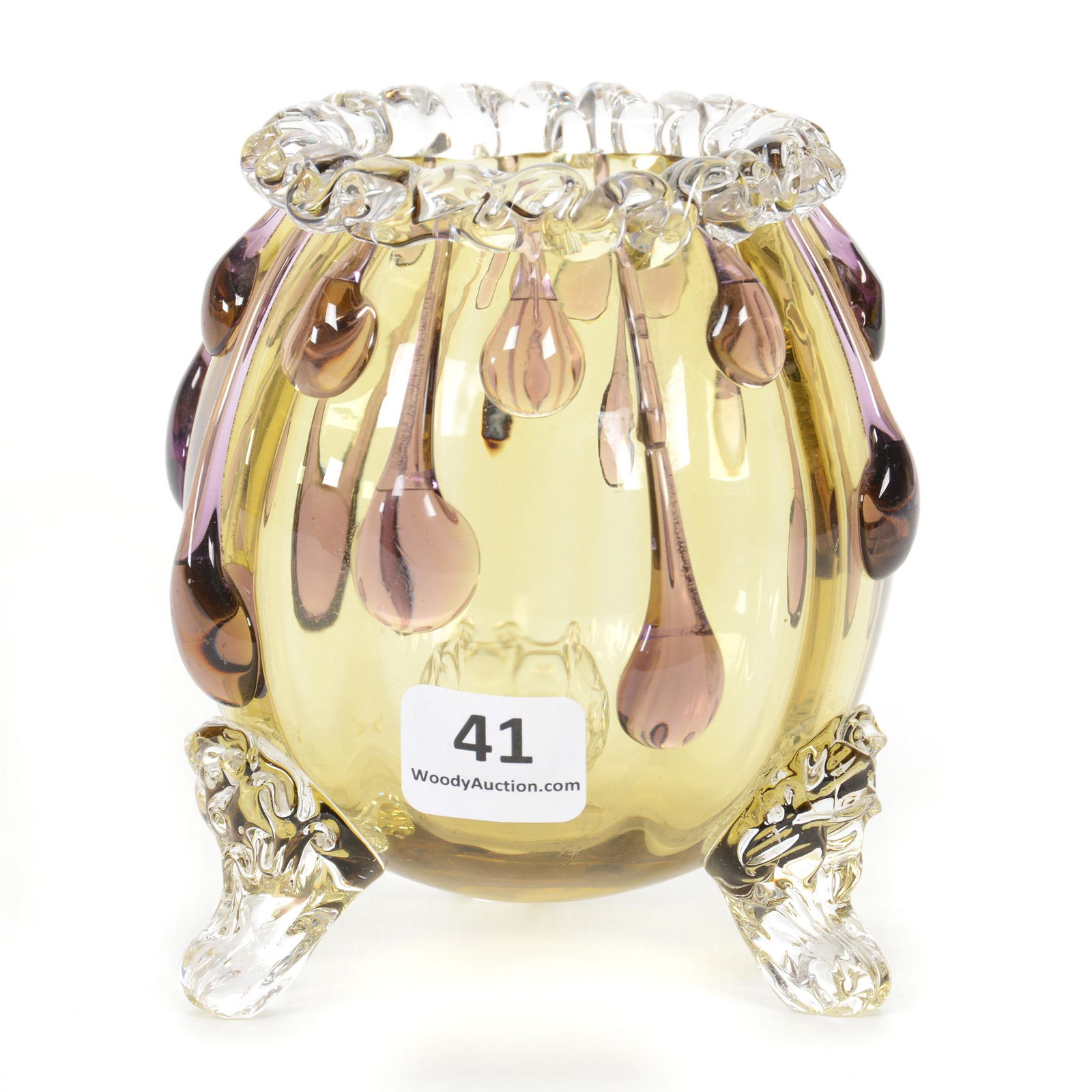 Rose Bowl, Footed, Yellow Optic Rib Art Glass (1 of 3)