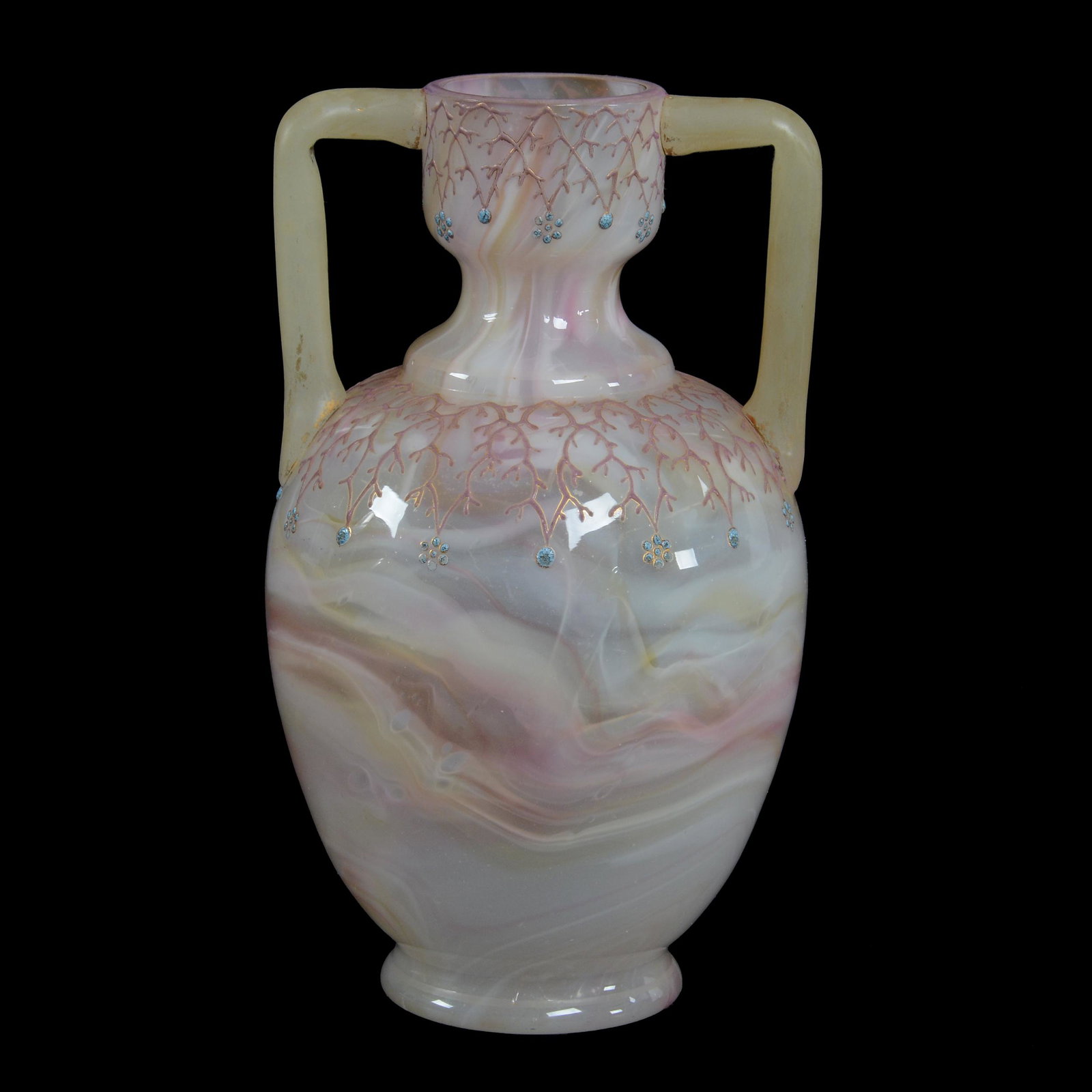 Vase, Marmoriertes Glass (Possibly Harrach Or Loetz): Vase, Marmoriertes Glass (Possibly Harrach Or Loetz), 8.75" X 5.25", Opaque Rainbow Art Glass With Enamel Highlights, Two Applied Handles, Private Collection, IL.