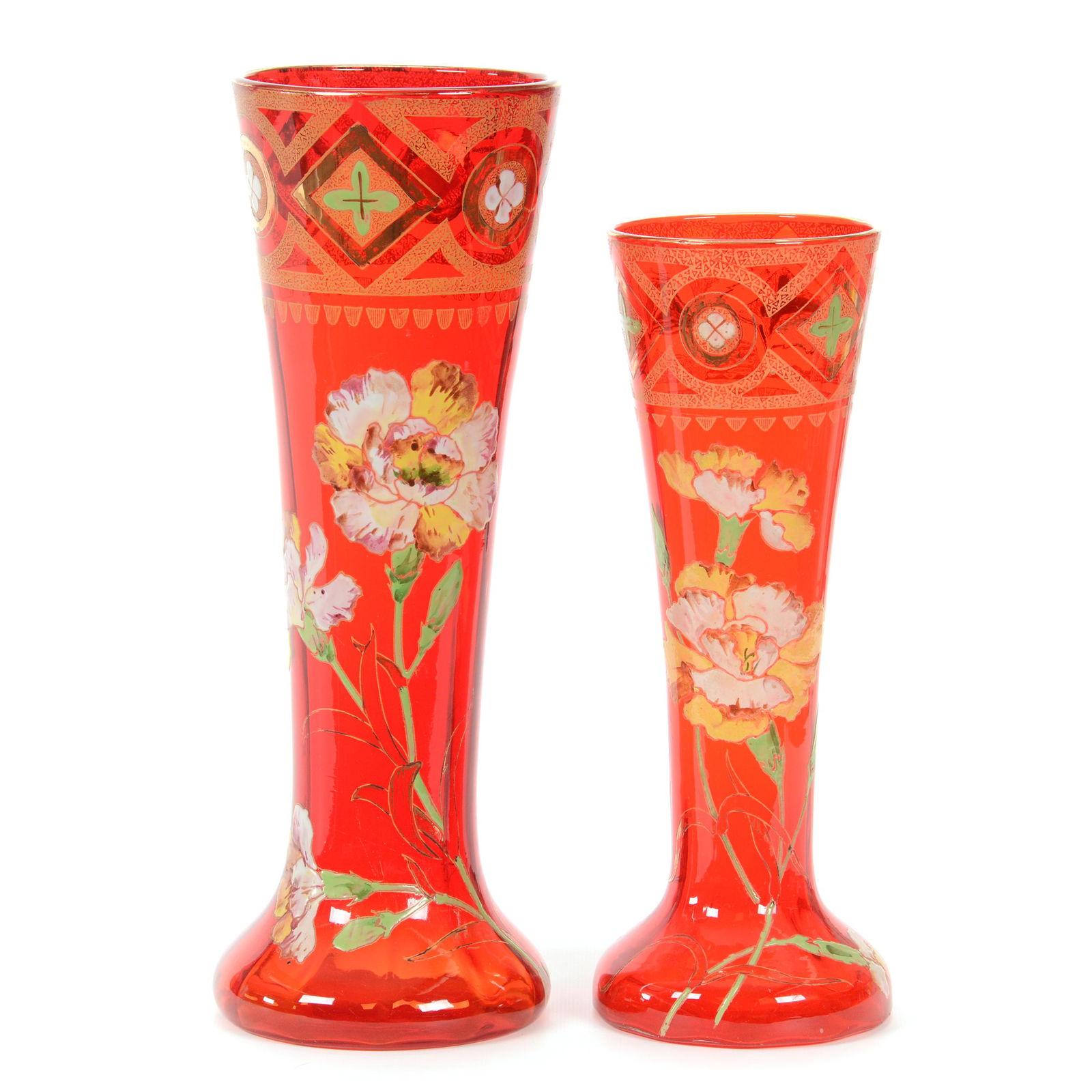 (2) Vases, Pigeon Blood Attributed To Mt. Joye/Moser (1 of 3)