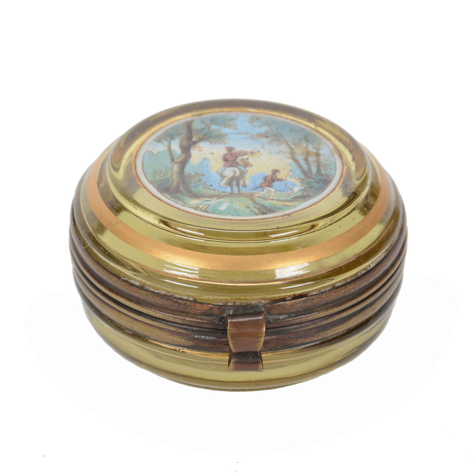 Pill Box, Olive Green Crystal With Enamel Decor (1 of 4)