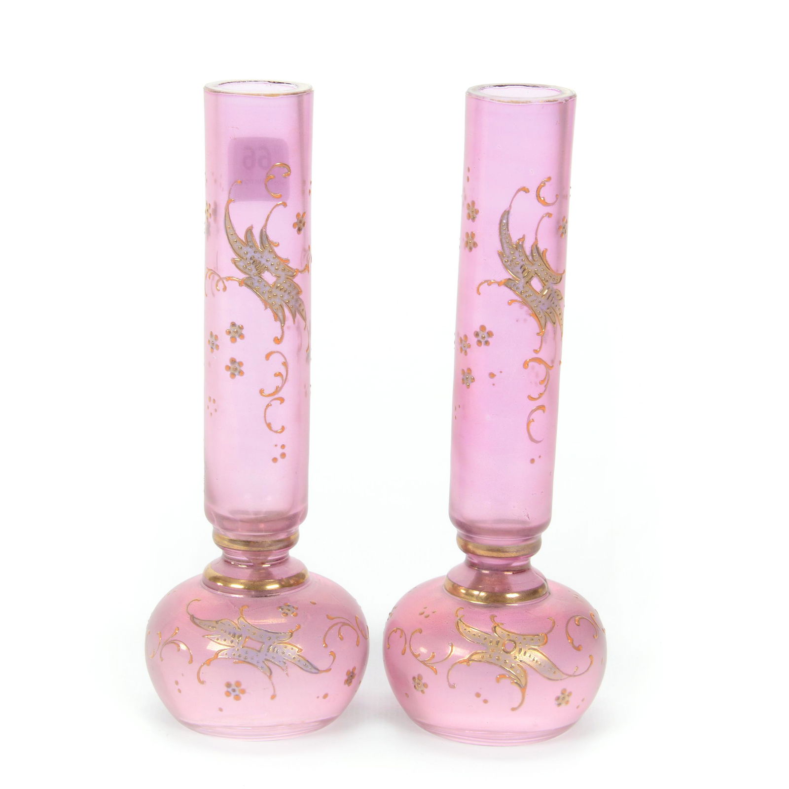 Pair Bud Vases, Pink Flashed W/Enamel Floral Decor (1 of 3)
