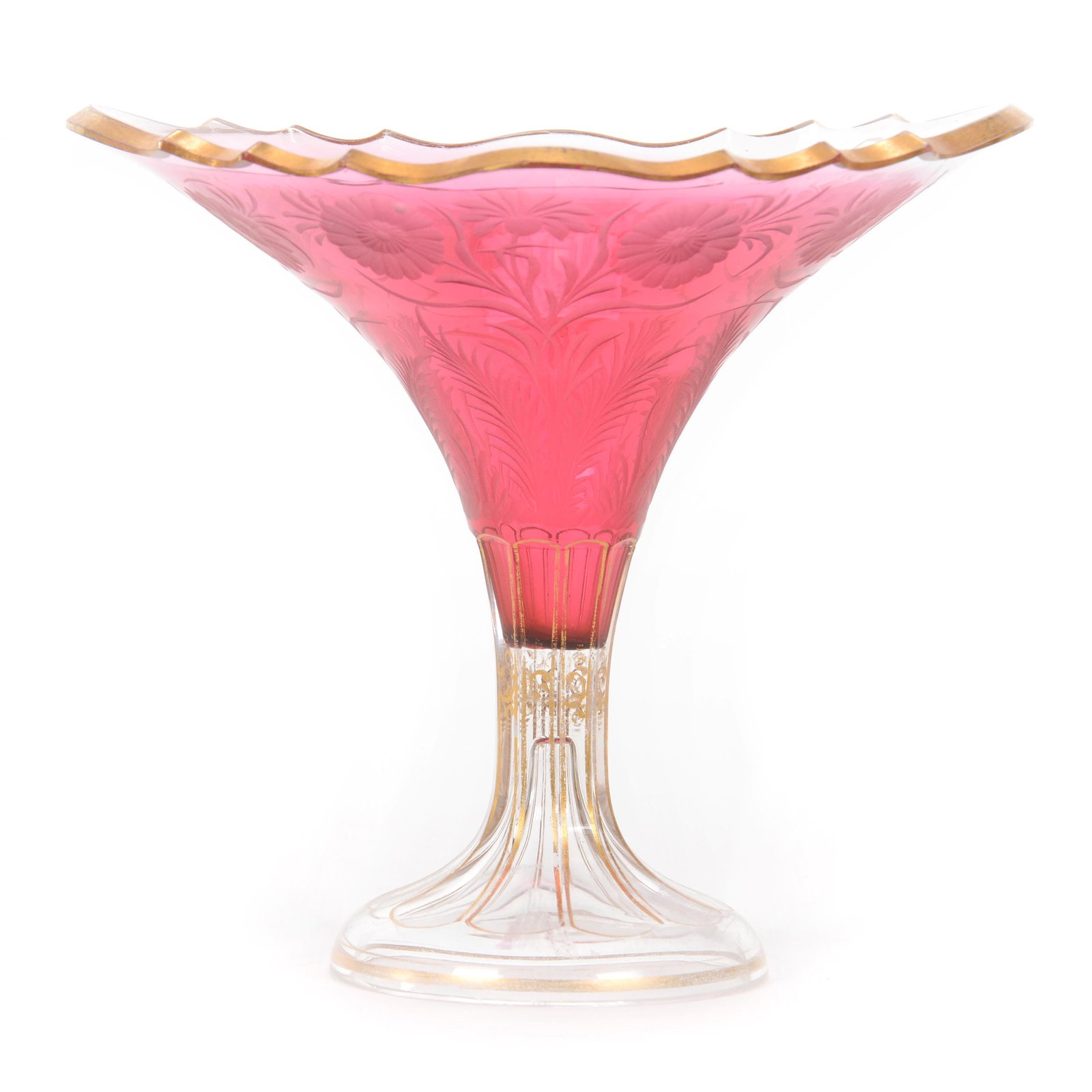 Vase, Cased Rubina Art Glass Attributed To Moser: Vase, Cased Rubina Art Glass Attributed To Moser, 5.5" X 6", Engraved Floral Decor, Gold Stencil Highlights, Scalloped Rim, Private Collection, IL.