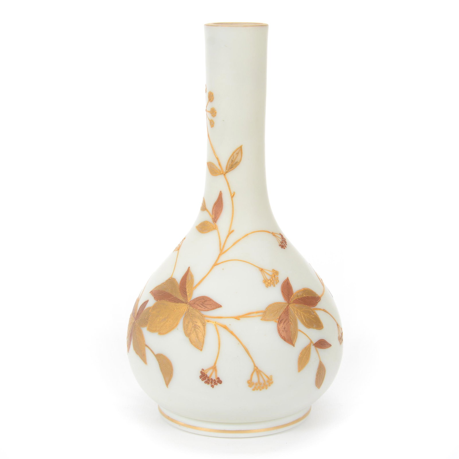 Vase, Unmarked Webb White Satin Art Glass: Vase, Unmarked Webb White Satin Art Glass, 8.75" X 4.5", Two Tone Gold Enamel Leaf And Butterfly Decor, Private Collection, IL.