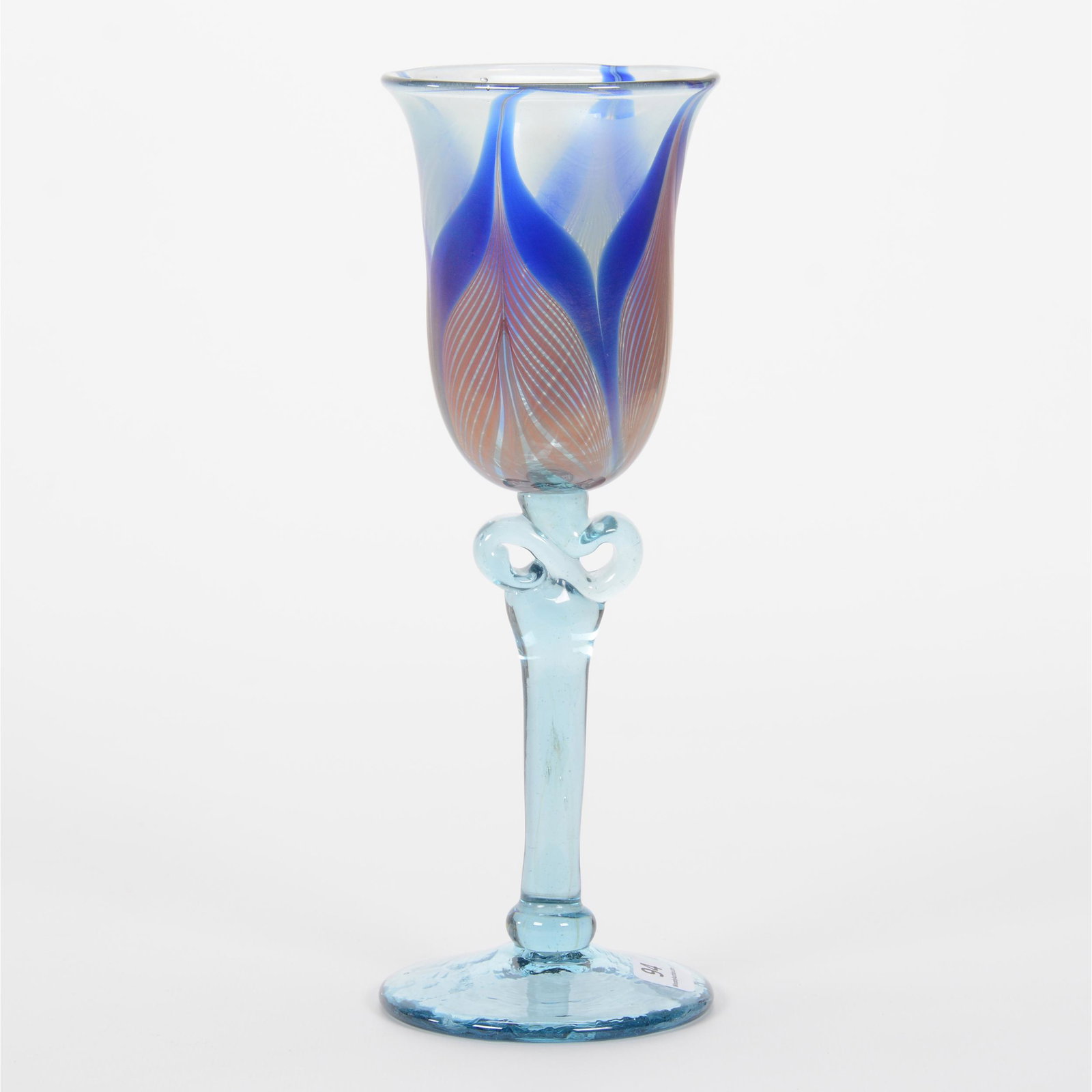 Goblet, Contemporary Art Glass: Goblet, Contemporary Art Glass, 10" X 3.5", Blue With Red Pulled Feather Design, Artist Signed Roland Correia, Private Collection, IL.