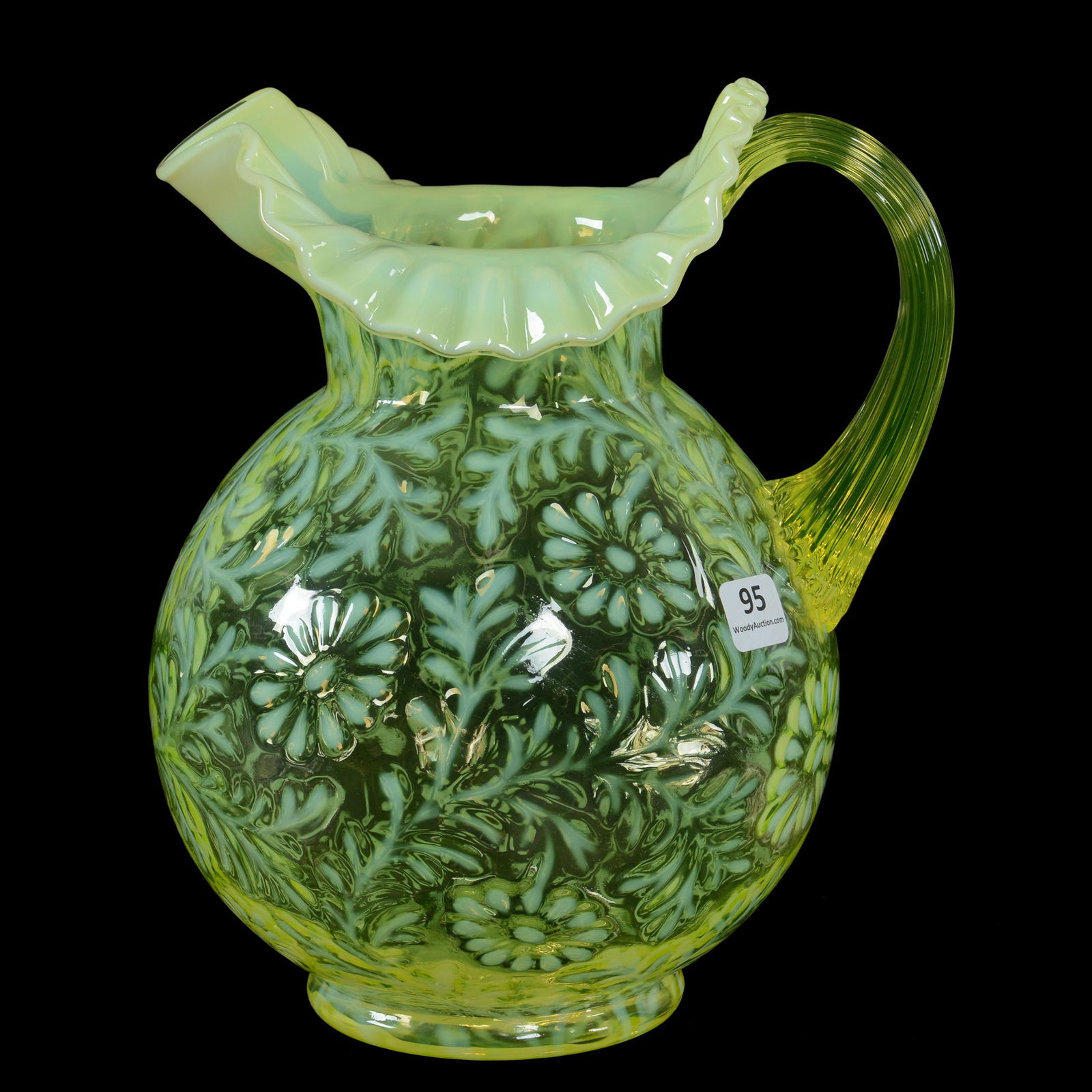Water Pitcher, Vaseline Opal Daisy & Fern Pattern (1 of 4)