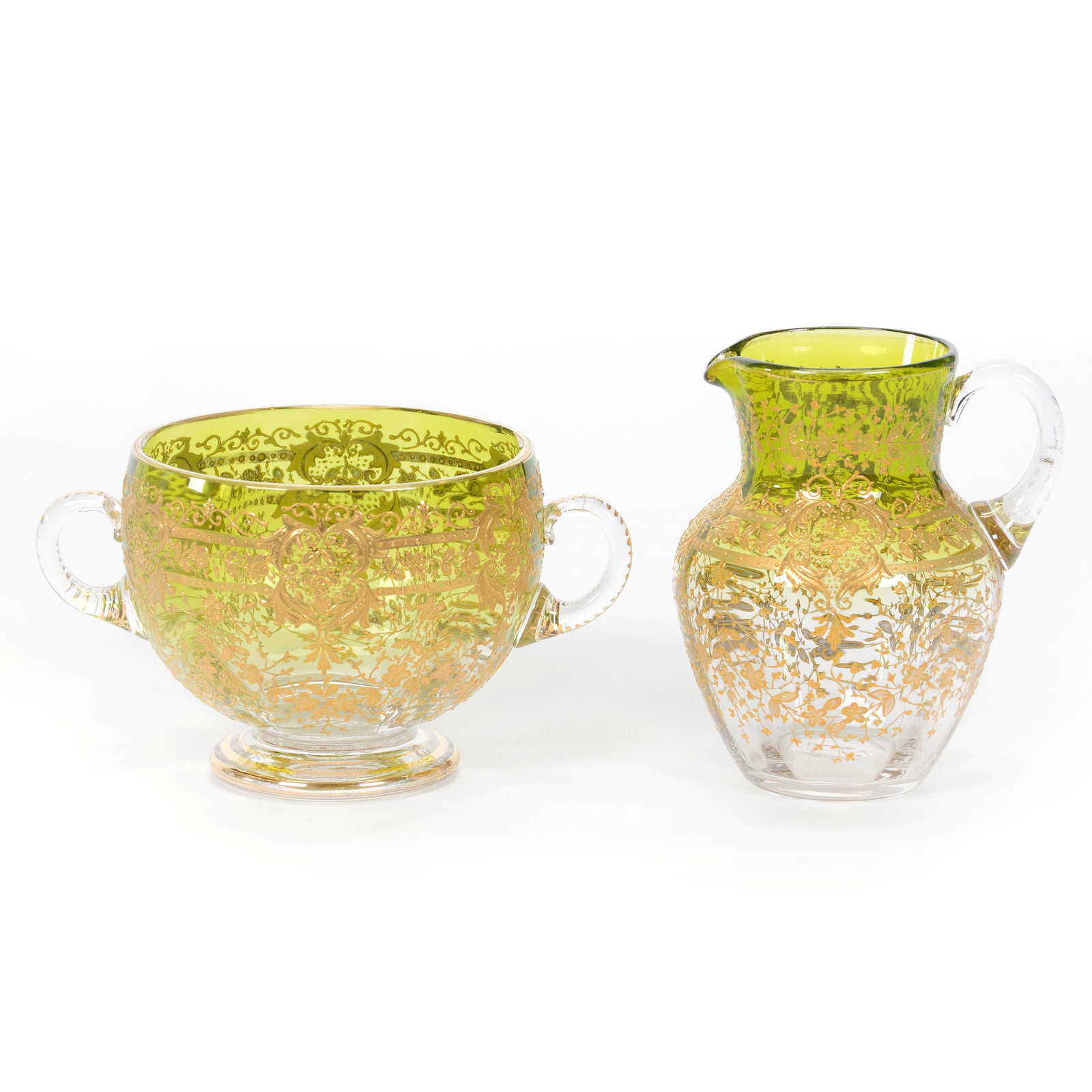 Creamer & Sugar Set, Moser Art Glass: Creamer & Sugar Set, Moser Art Glass, Green Shading To Clear, Elaborate Gold Enamel Floral Decor, Sugar Has Light Interior Rim Nicks, Private Collection, IL.
