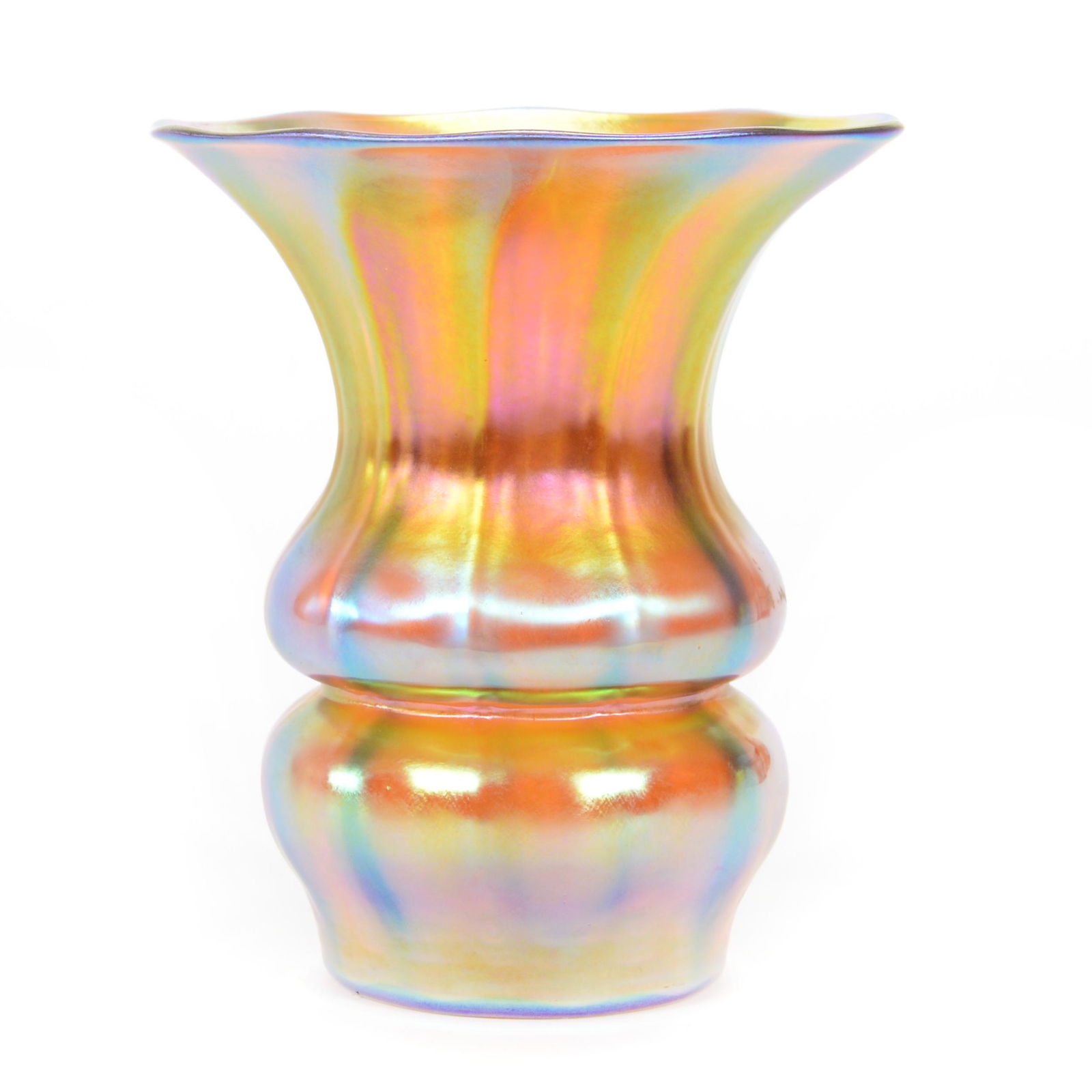 Vase Marked Steuben Gold Iridescent Art Glass: Vase Marked Steuben Gold Iridescent Art Glass, 6" X 5.25", Ribbed, Polished Pontil Base, Chip On Base, Private Collection, IL.