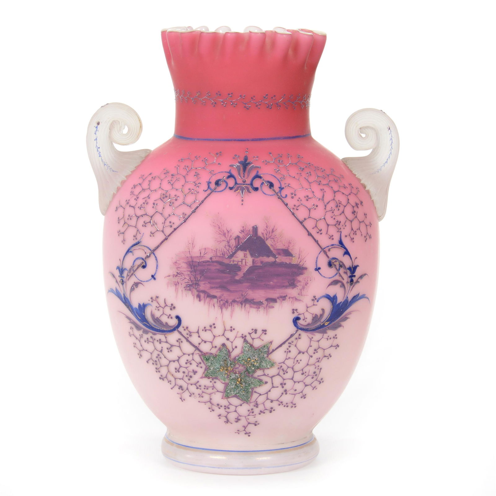Vase, Two Handled, Decorated Pink Satin Art Glass (1 of 3)