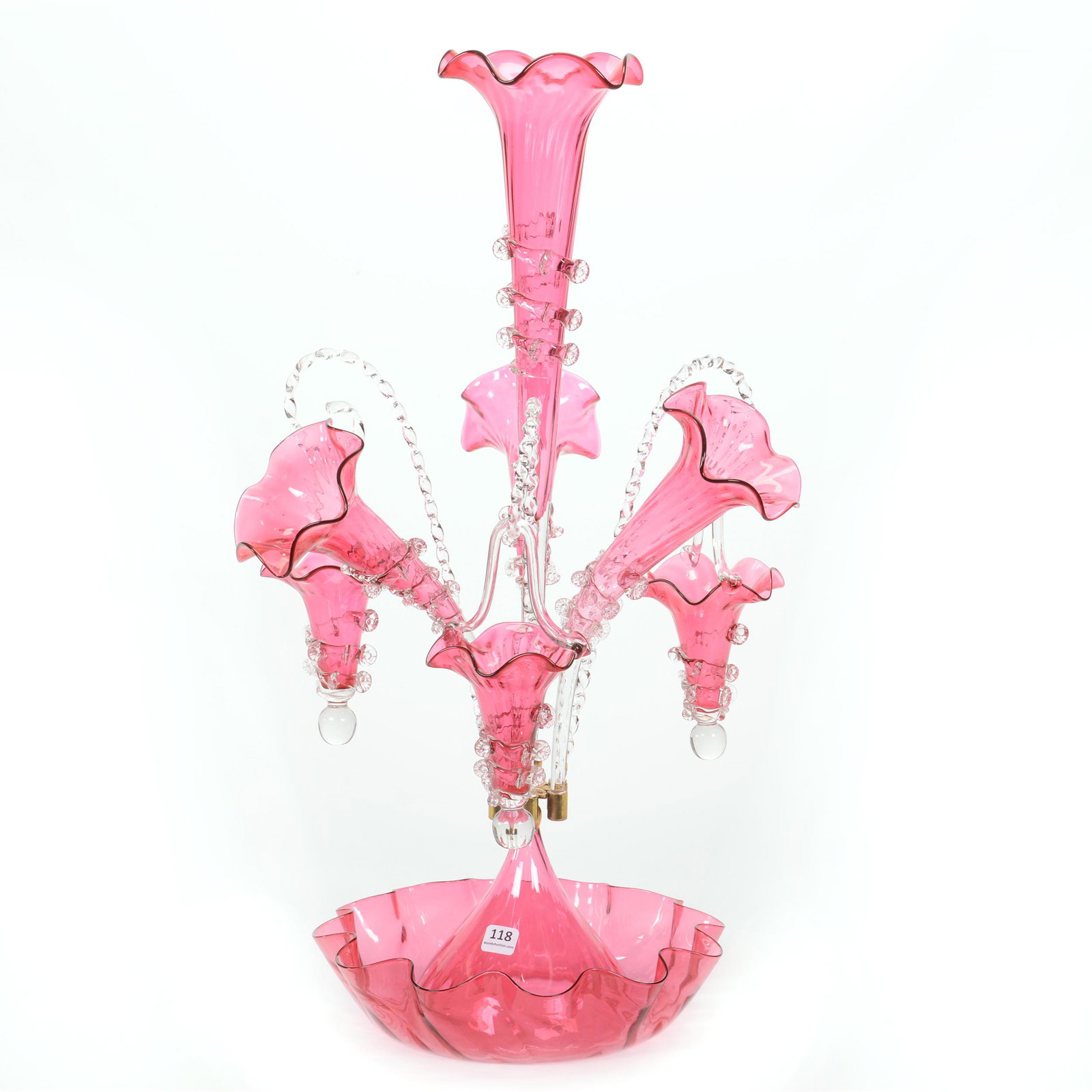 Epergne Centerpiece, Cranberry Art Glass: Epergne Centerpiece, Cranberry Art Glass, 24" X 13", Four Lilies With Three Canes Holding Baskets, Circa Late 20th Century, Private Collection, IL.