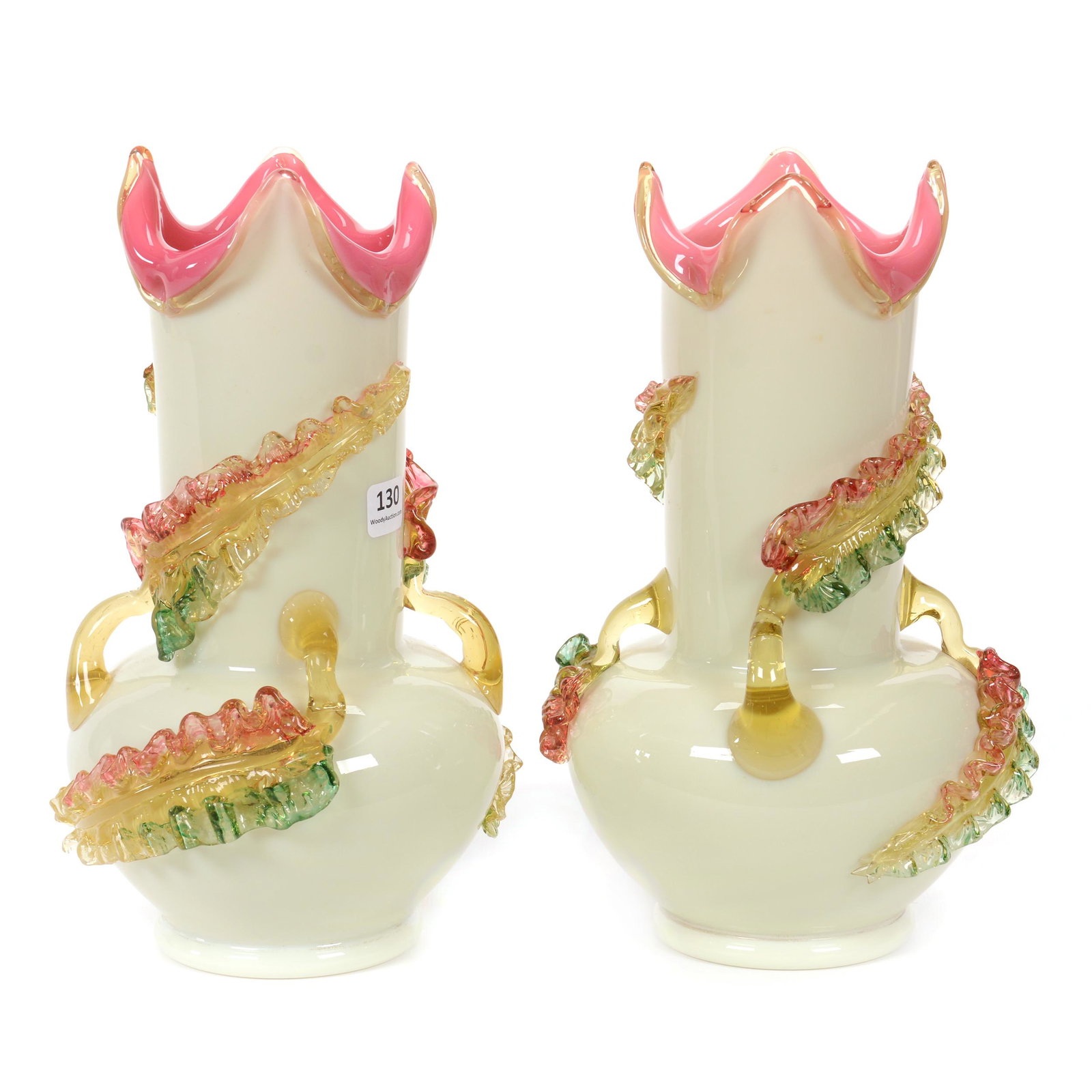 Pair Vases, Stevens And Williams Art Glass: Pair Vases, Stevens And Williams Art Glass, 11.5" X 6.5", White Cased Exterior, Pink Interior, Applied Leaf And Handle Design With Amber, Pink And Green Coloring, Private Collection, IL.
