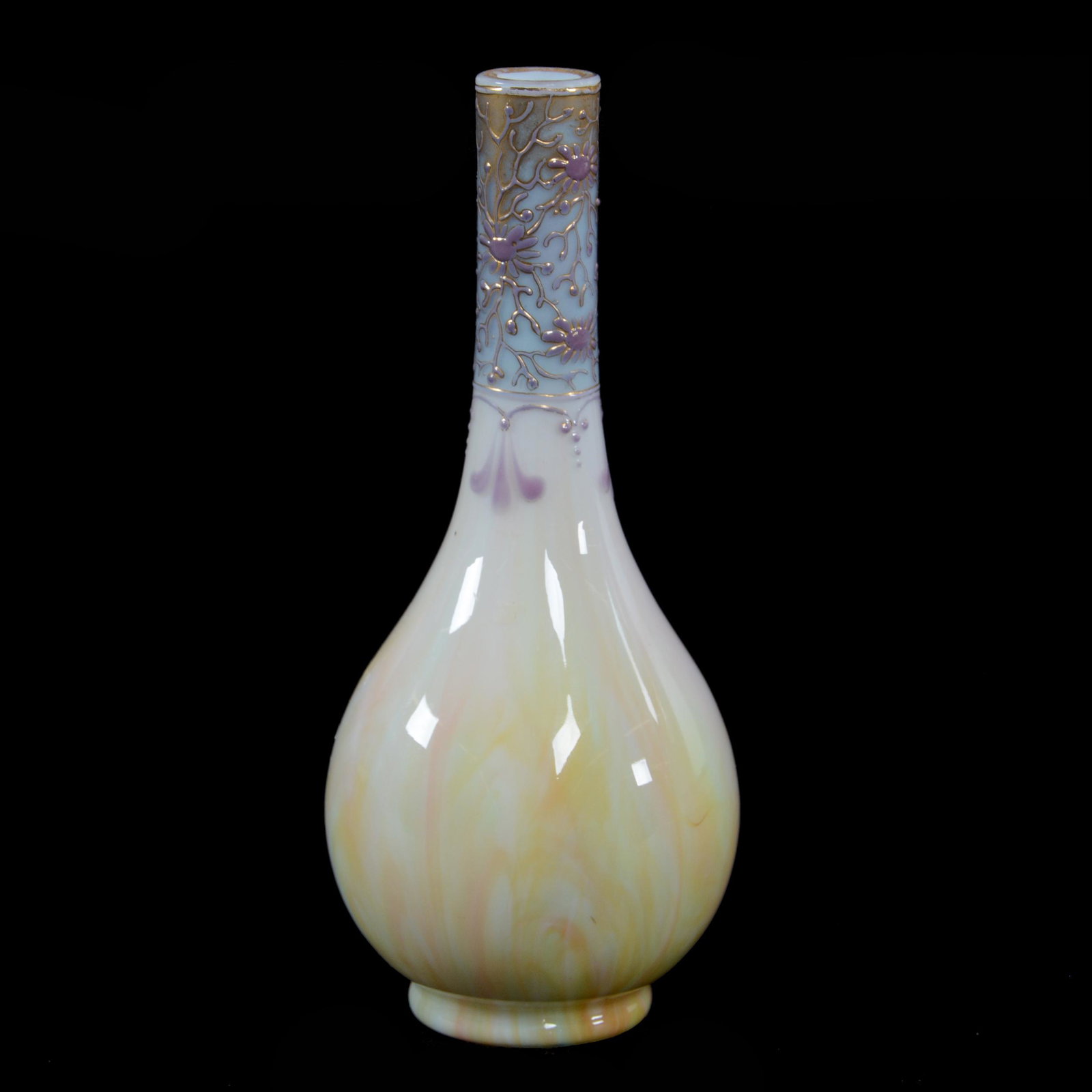Vase, Marmoriertes Glass (Possibly Harrach Or Loetz): Vase, Marmoriertes Glass (Possibly Harrach Or Loetz), 7.25", Opaque Rainbow Art Glass With Enamel Highlights, Private Collection, IL.
